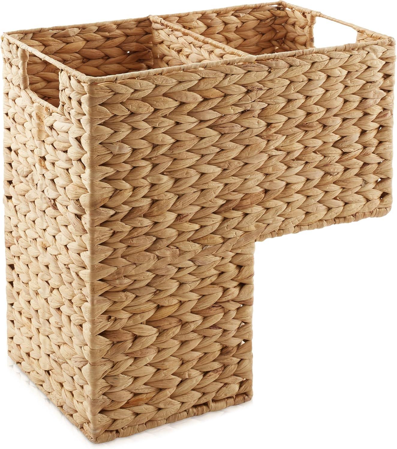 Casafield Stair Basket with Handles, Natural - Woven Water Hyacinth Staircase Step Organizer Bin