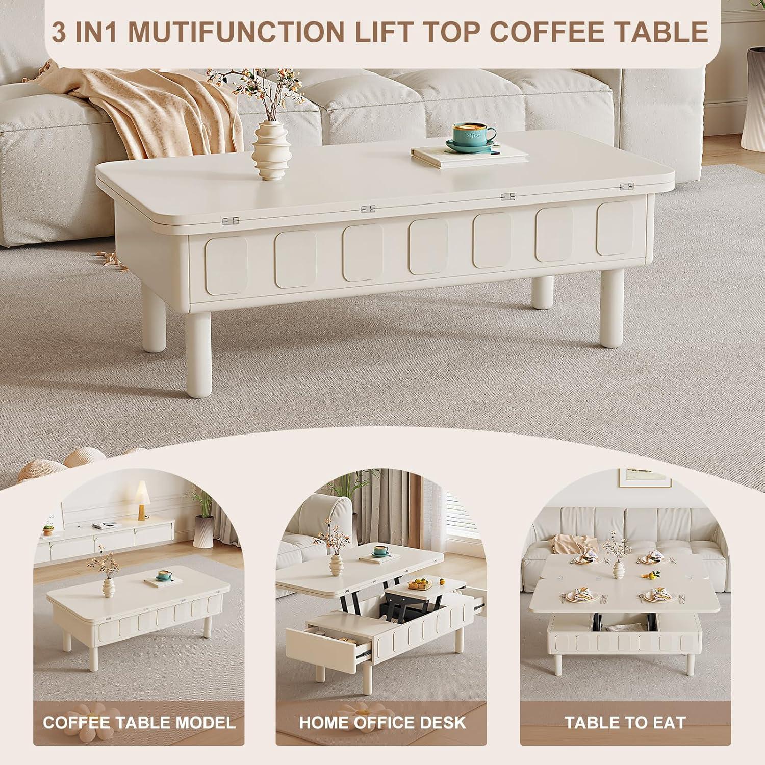 Guyii Extendable Coffee Table, 3-in-1 Lift Top Coffee Table with 2 Storage Drawers and Hidden Compartment for Living Room, Home, White