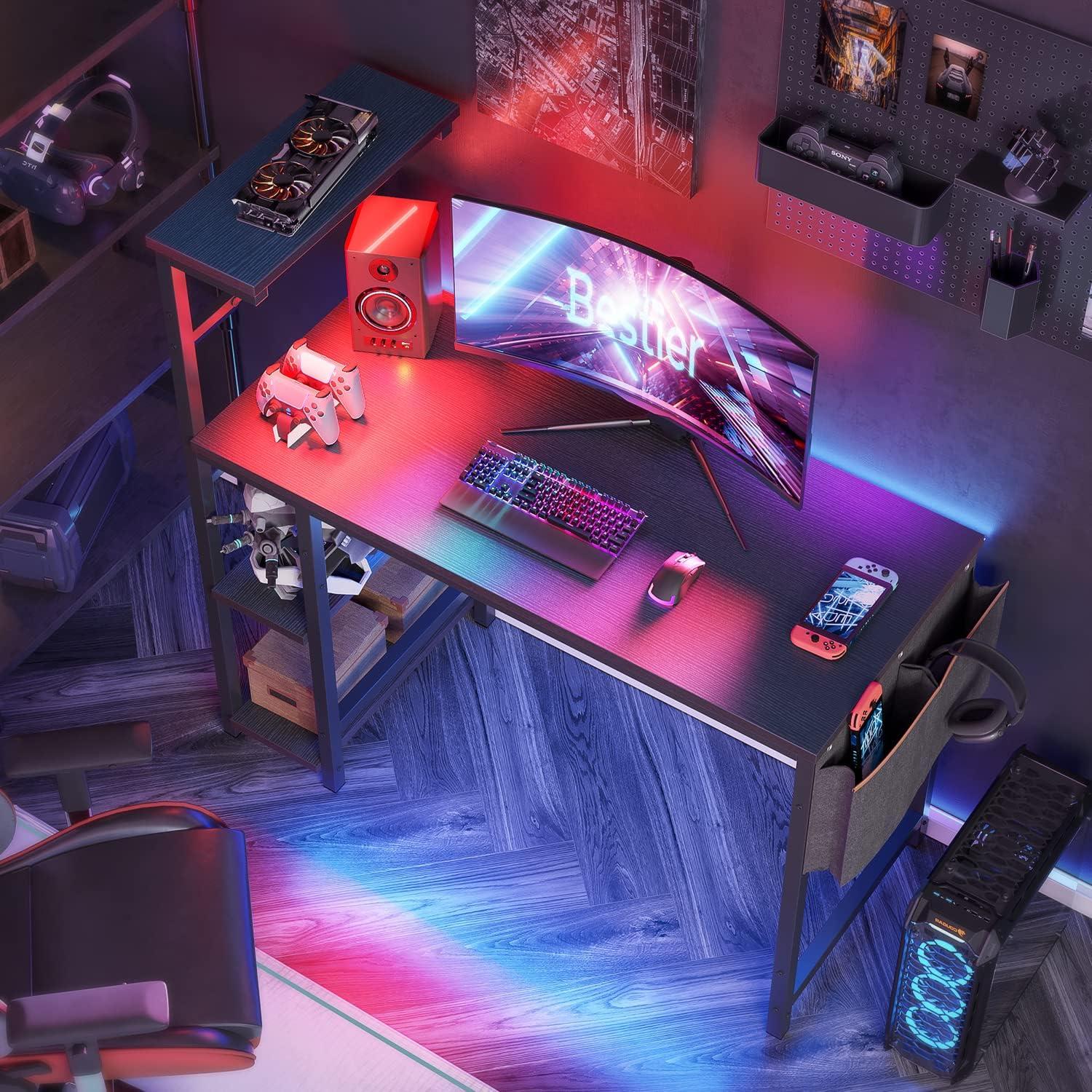 Bestier Computer Gaming PC Desk 44 inch Gamer Table with LED Lights, Reversible 4 Tier Storage Shelves, Black