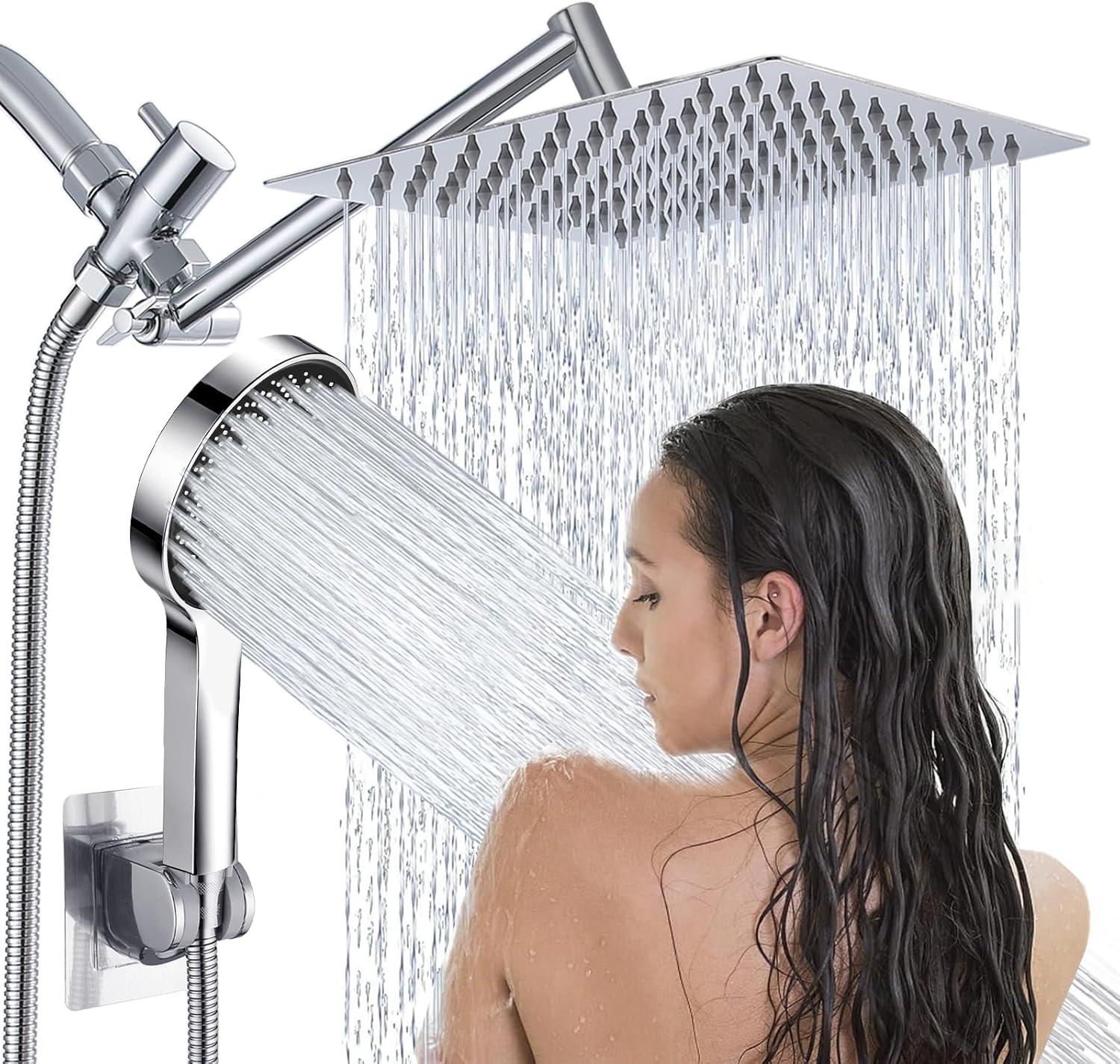 Chrome Dual Shower Head with Handheld Spray and Adjustable Arm