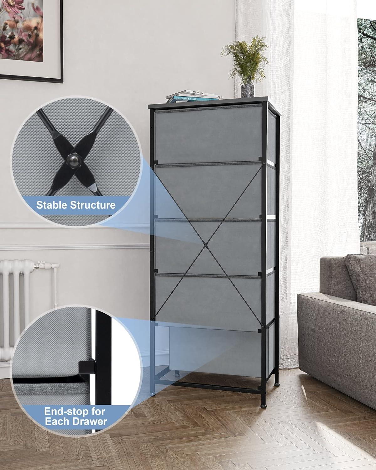 Gray and Black Vertical Dresser with Fabric Bins and Wood Top