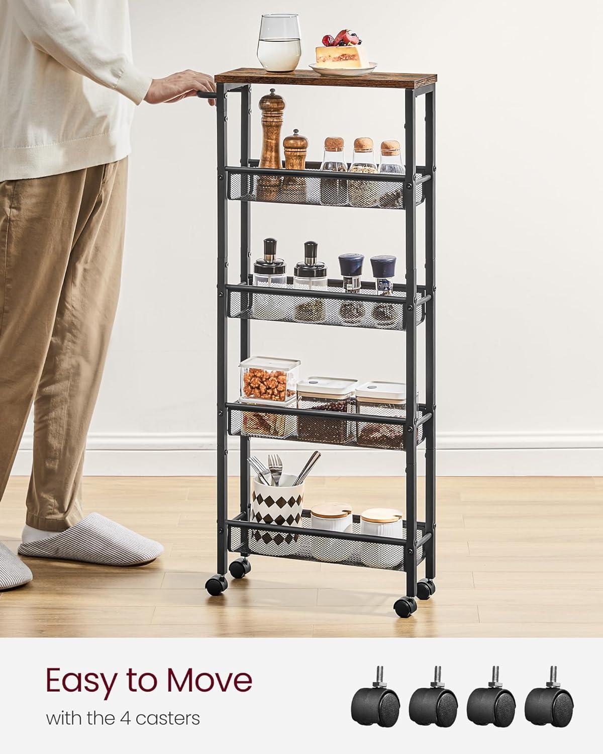 NANANARDOSO 4 Tier Slim Storage Cart, Shelving Unit for Small Space, Rolling Cart with Wooden Top and Metal Handle for Narrow Space on Kitchen, Bathroom, Laundry Room, Black.