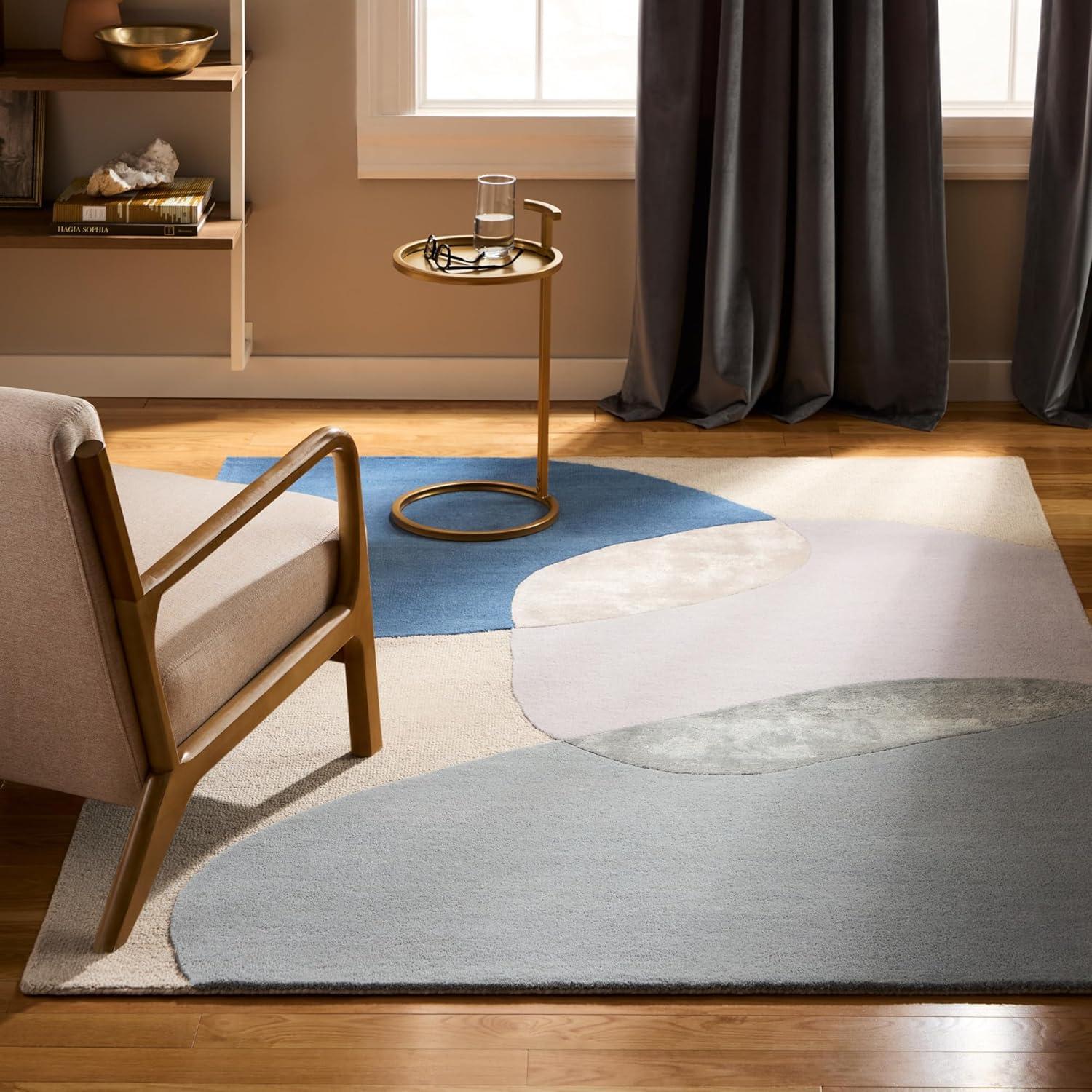 Beige and Blue Abstract Wool and Viscose 6' x 9' Rug