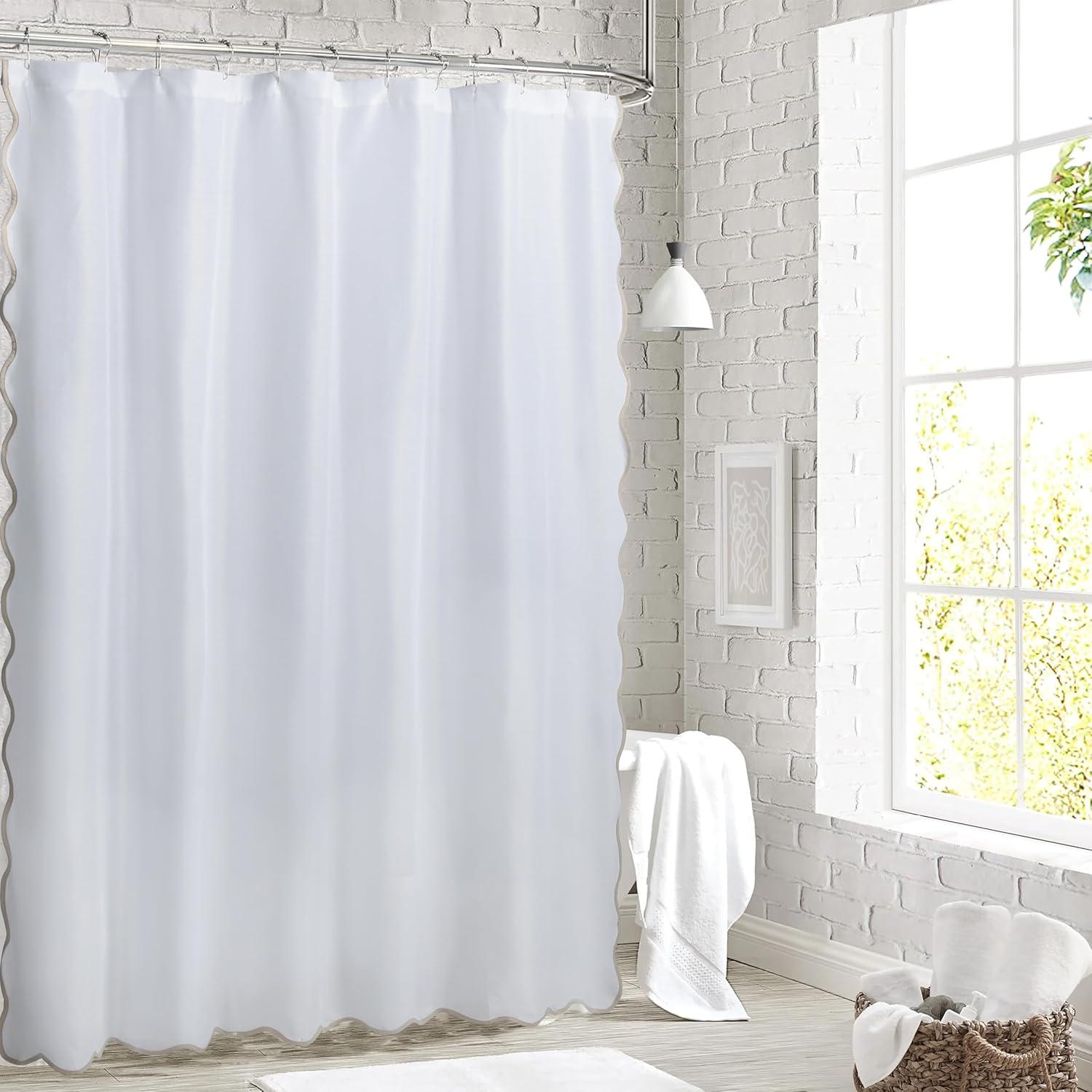 Boho Chic Aesthetic Scallop Edge Shower Curtain, Decorative Coastal Bathroom Curtain for Home Decor, 72 x 72 White and Navy Elegant Minimalist Textured Cloth Bath Curtain (LQ-36)