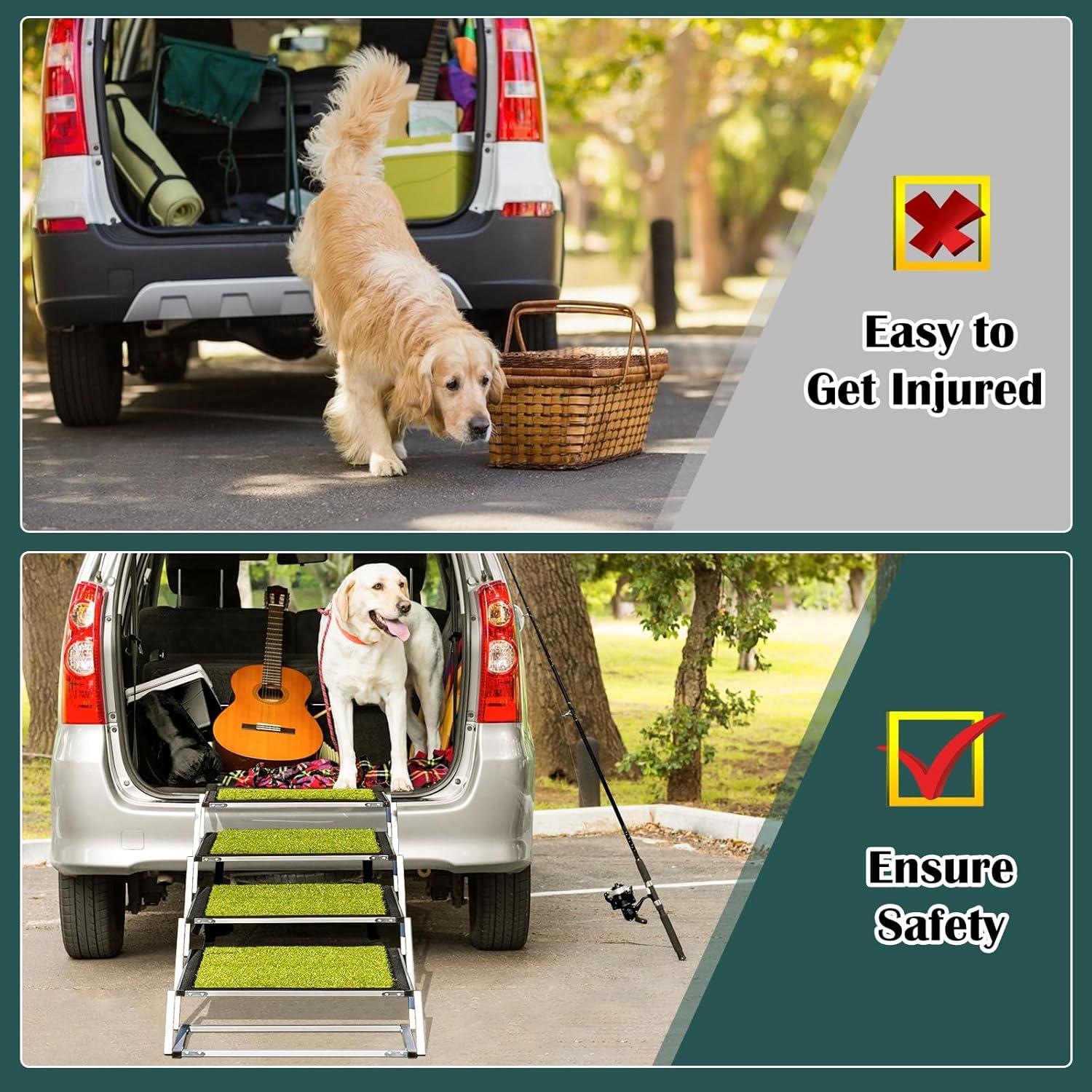 Dog Ramp for Car, Extra Wide Dog Car Stair for Large Dogs, Pet Steps Lightweight Aluminum Foldable Dog Steps for Cars and SUV,High Beds, Trucks, Supports up to 200 lbs (Extra Wide-4 Steps with Grass)
