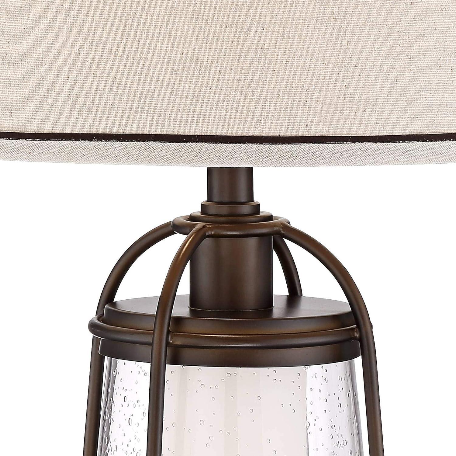 Franklin Iron Works Hugh Industrial Rustic Table Lamp 26" High Bronze Metal Seeded Glass with LED Nightlight Off White Shade for Bedroom Living Room