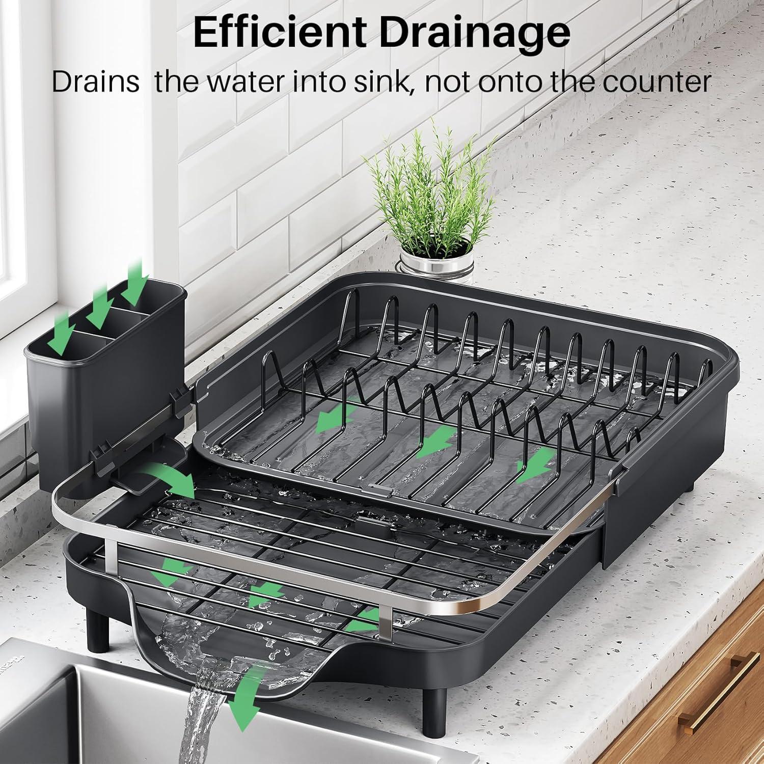 Fabhob Expandable Dish Rack for Kitchen Counter, Stainless Steel Dish Drainer with Drainboard Set and Utensil Holder