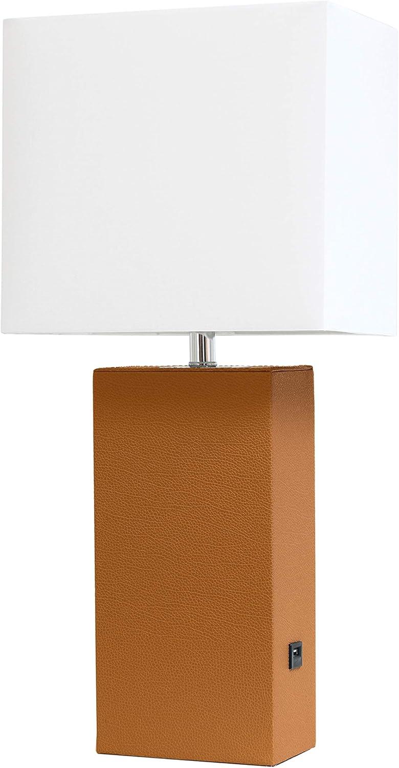 Modern Leather Table Lamp with USB and Fabric Shade Tan - Elegant Designs: No Assembly, UL Listed