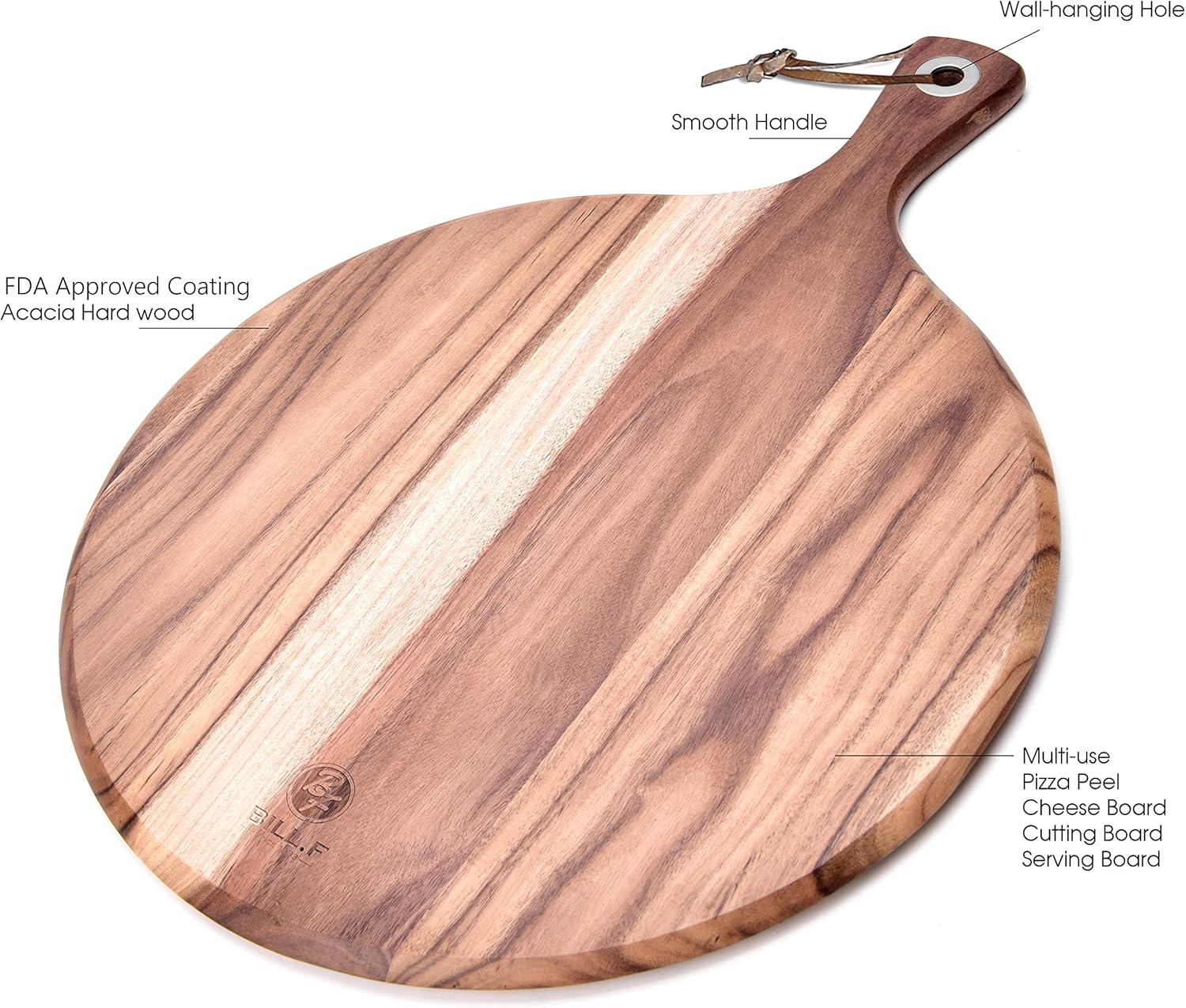 Acacia Wood Pizza Peel,12” Cutting Board, Cheese Paddle Board, Bread and Crackers Platter for Serving and Minor Food Prepare with Handle - 16 x 12 x 0.5 Inch