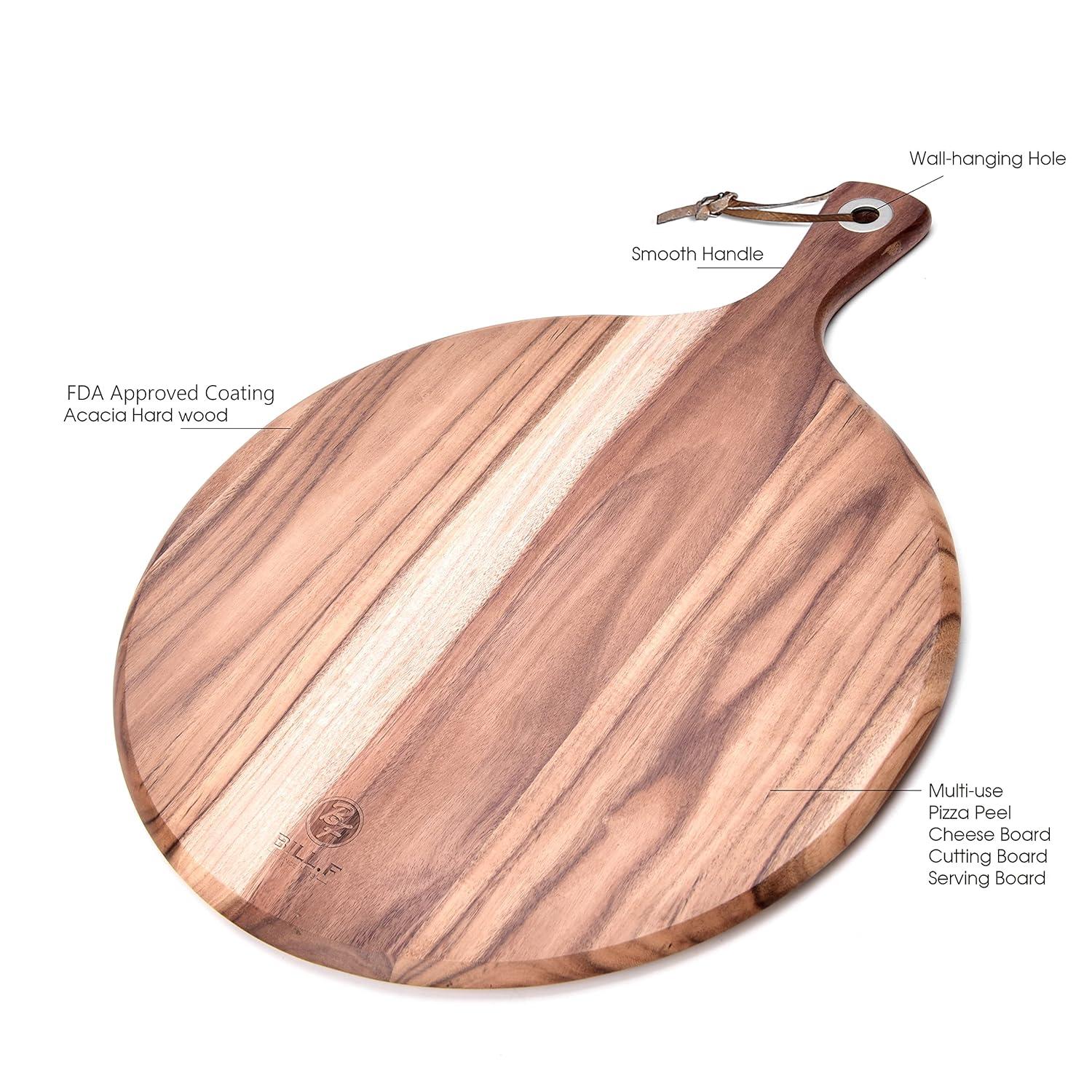 Acacia Wood Pizza Peel,12” Cutting Board, Cheese Paddle Board, Bread and Crackers Platter for Serving and Minor Food Prepare with Handle - 16 x 12 x 0.5 Inch