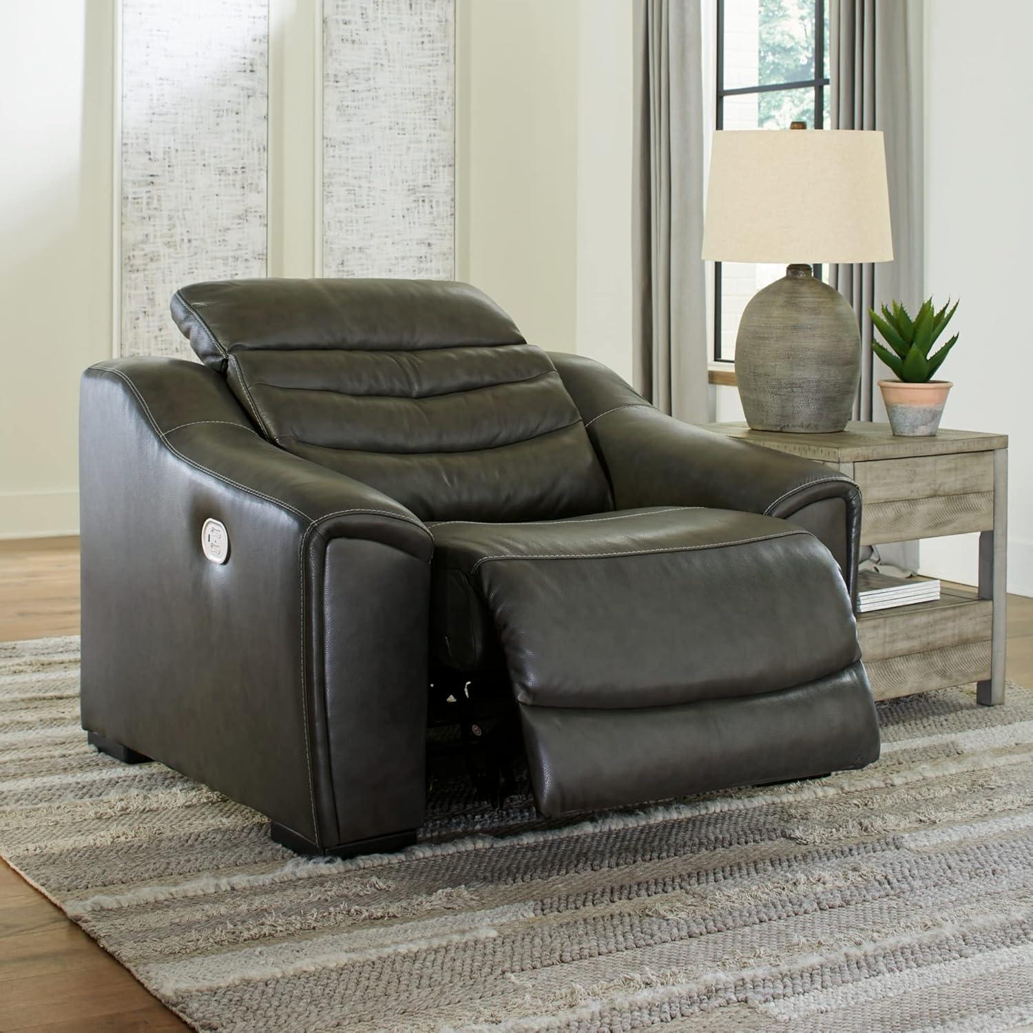 Modern Dark Gray Leather Power Recliner with USB Charging