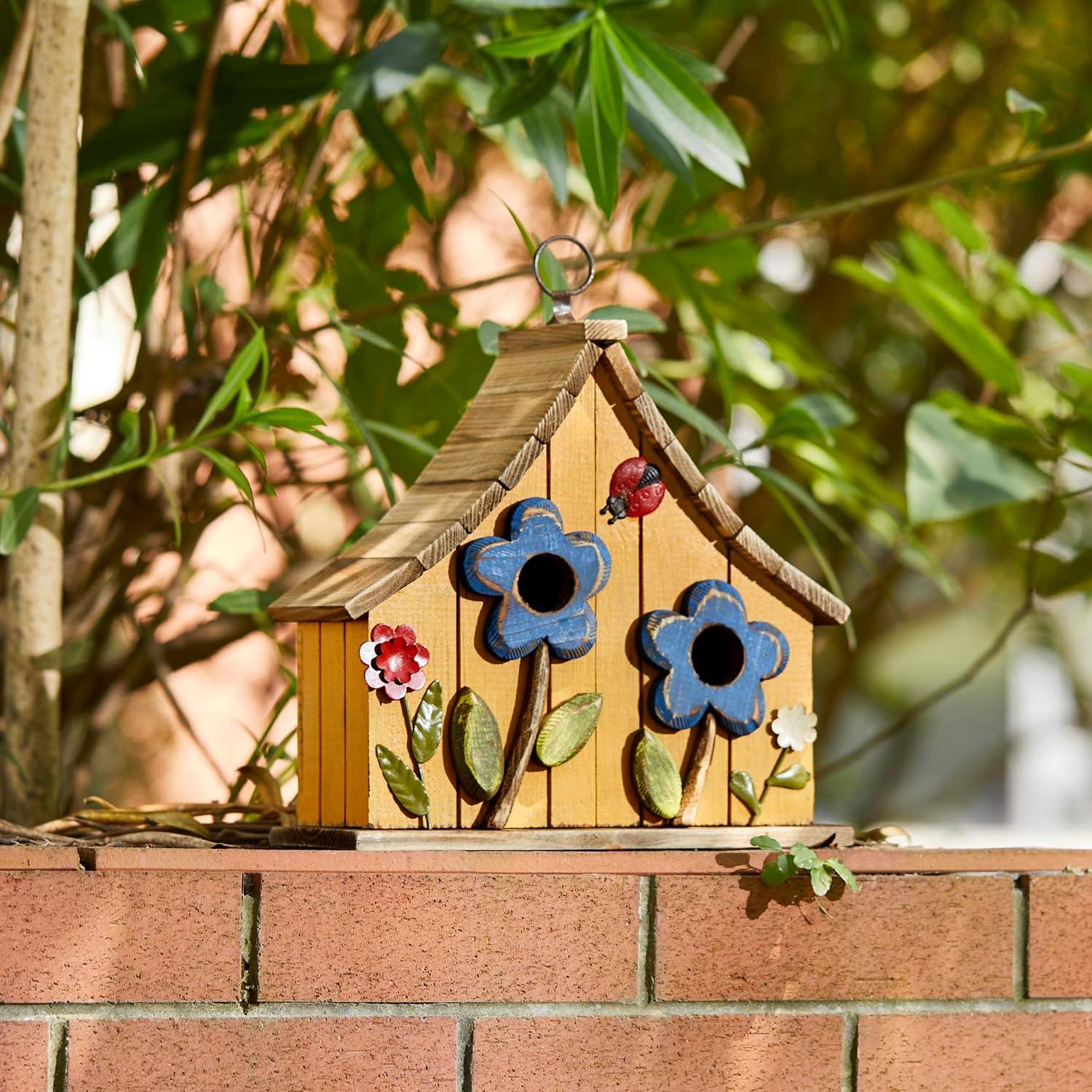 Glitzhome  10"H Multicolor Cute Distressed Solid Wood Birdhouse with 3D Flowers Flower-Orange 10.25"H