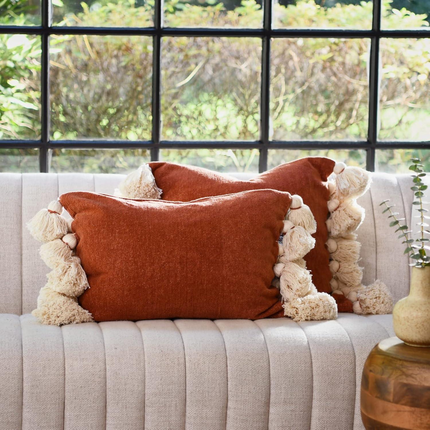 Terracotta Cotton Chenille Lumbar Pillow with Cream Tassels