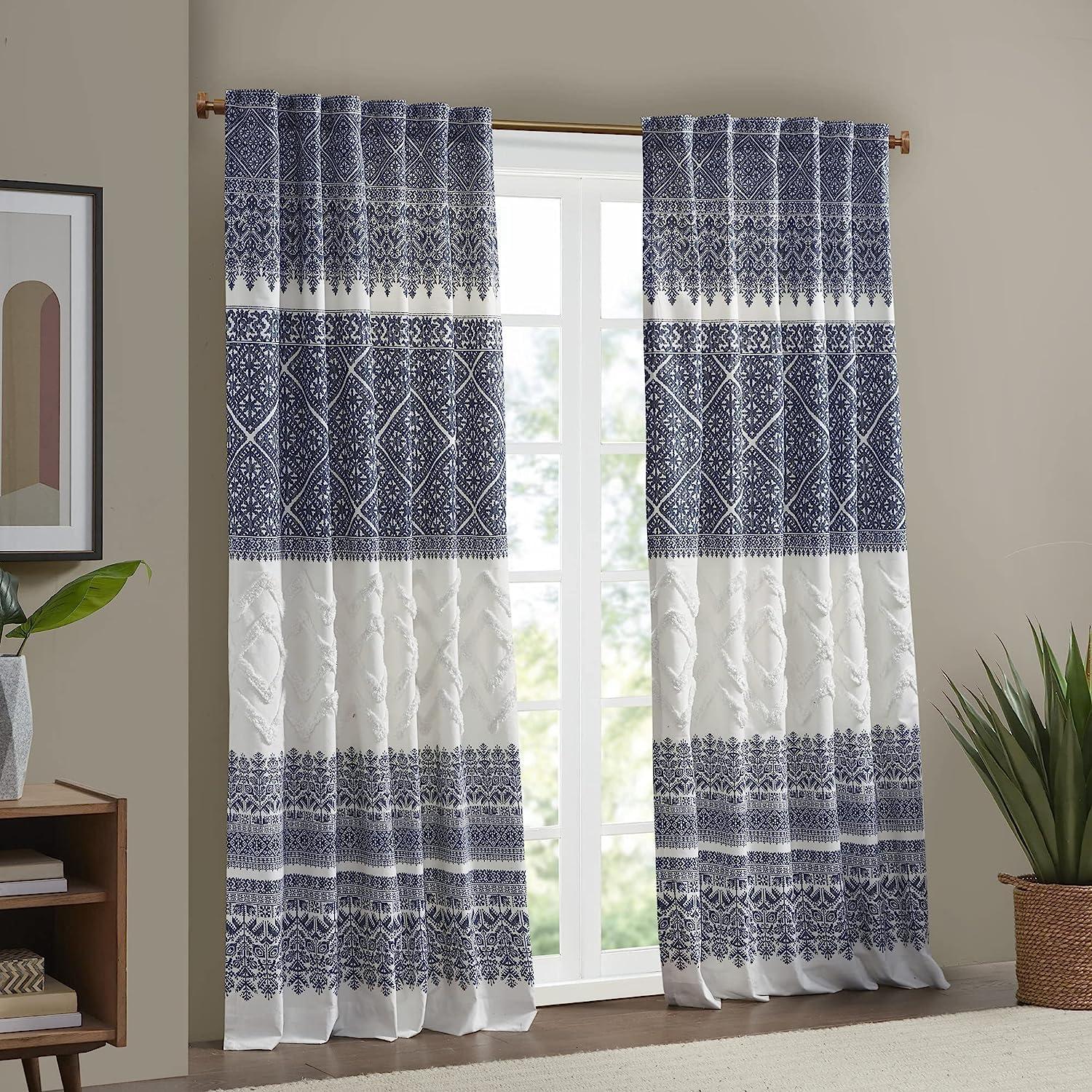 Navy and White Cotton Boho Chenille Curtain Panel