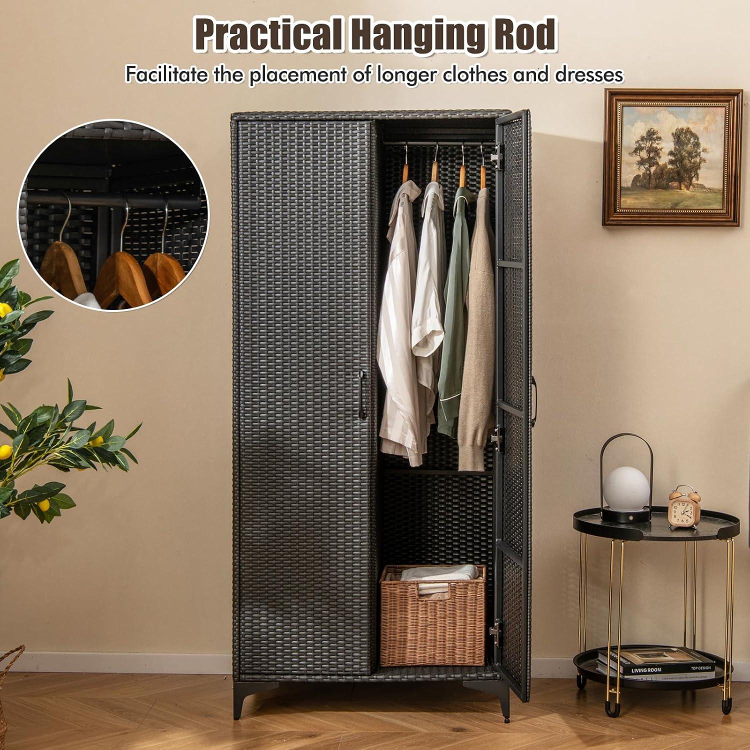 Canddidliike 62 Inch Wicker Wardrobe with 2 Doors PE Rattan Closet with Hanging Rod-Black, Storage Organizer for Bedroom, Non-Woven Fabric Cover