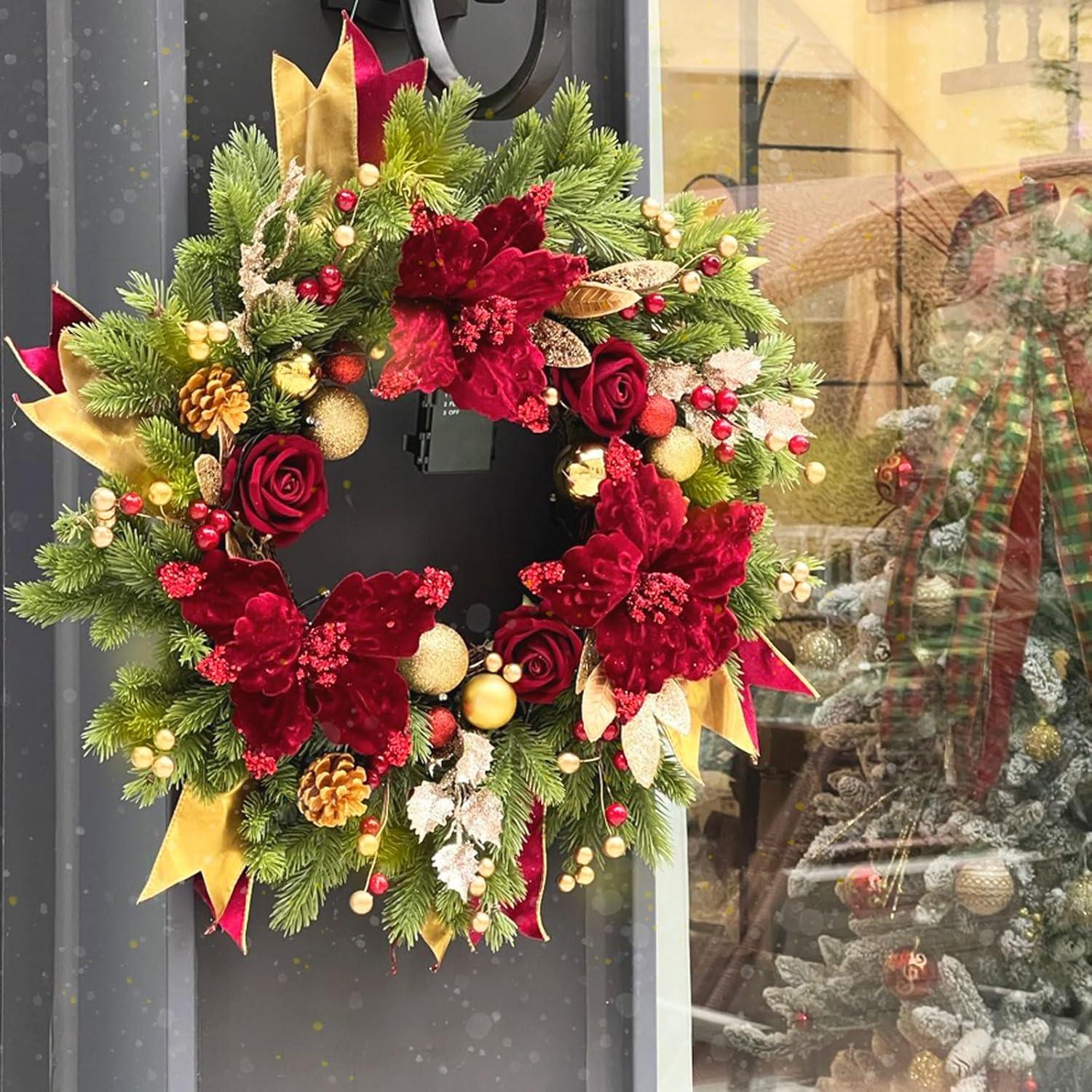 Wreaths for Front Door,Winter Wreaths for Indoor and Outdoor Decorations,Door Wreath with Red Flowers and Golden Ball,Pine Cones,Leaves,Ribbons,Berries for Decor