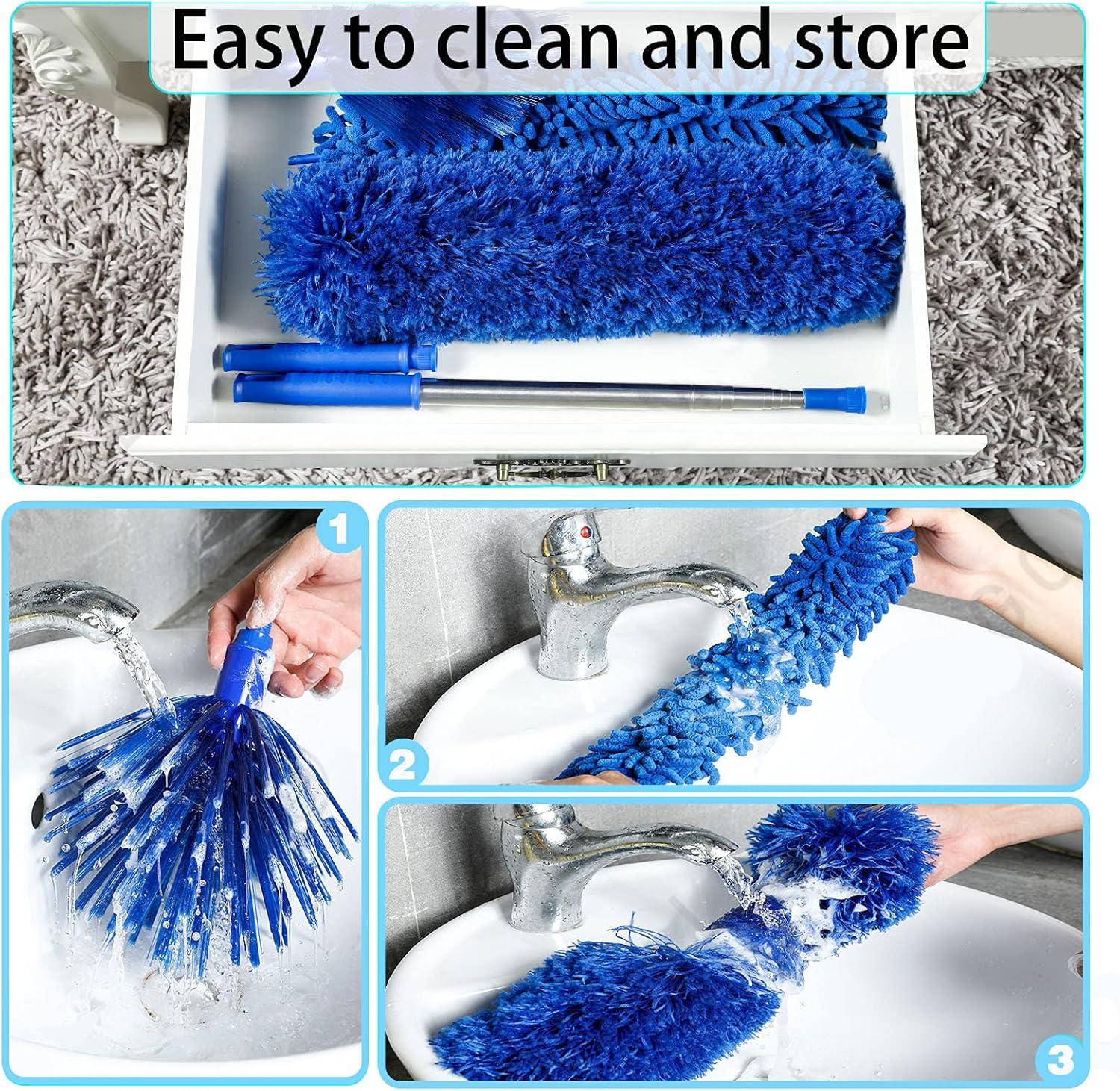 Microfiber Dusters w 2 Handle Sets, Durable 15~100 Inchs Long Telescopic Rod, Washable, Feather Dusters for Cleaning Cobweb, Ceilings Fans (5 Pack)…… Blue