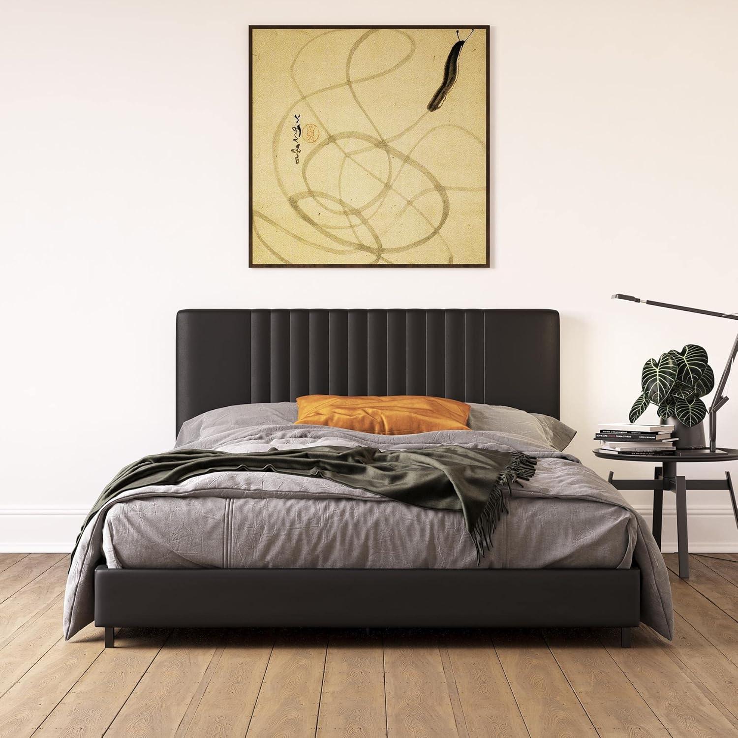 RealRooms Rio Faux Leather Upholstered Platform Bed with Tufted Headboard, Twin, White