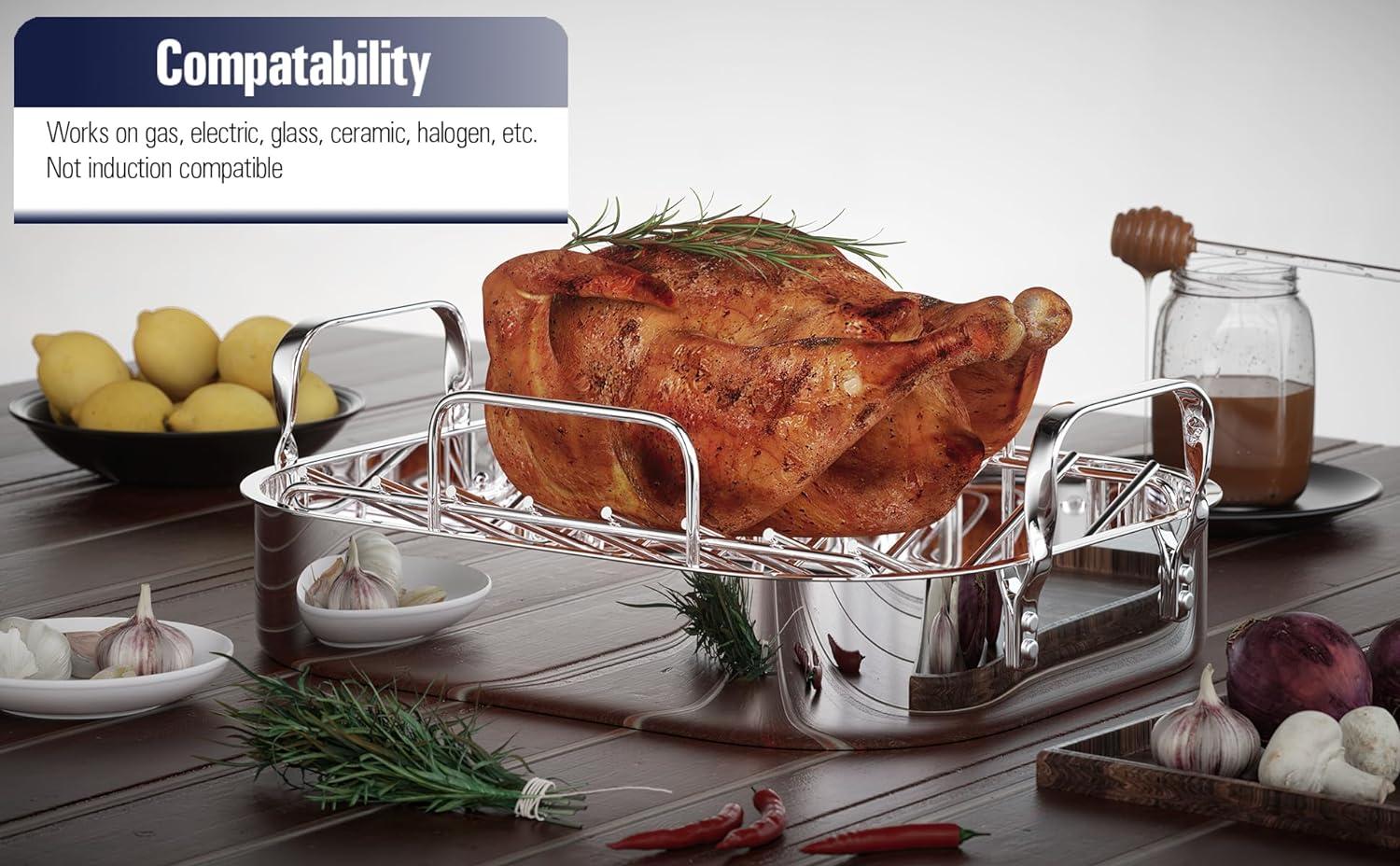 Stainless Steel 16x13 Roaster Pan with V-Shaped Rack