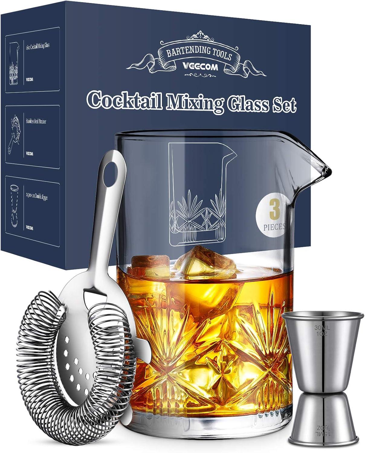 Cocktail Mixing Glass, veecom 18oz Crystal Bartender Kit, 3 Piece Old Fashioned Cocktail Set with Strainer, Jigger, Bar Tools Cocktail Shaker Set, Cocktail Mixer Stirring Glass