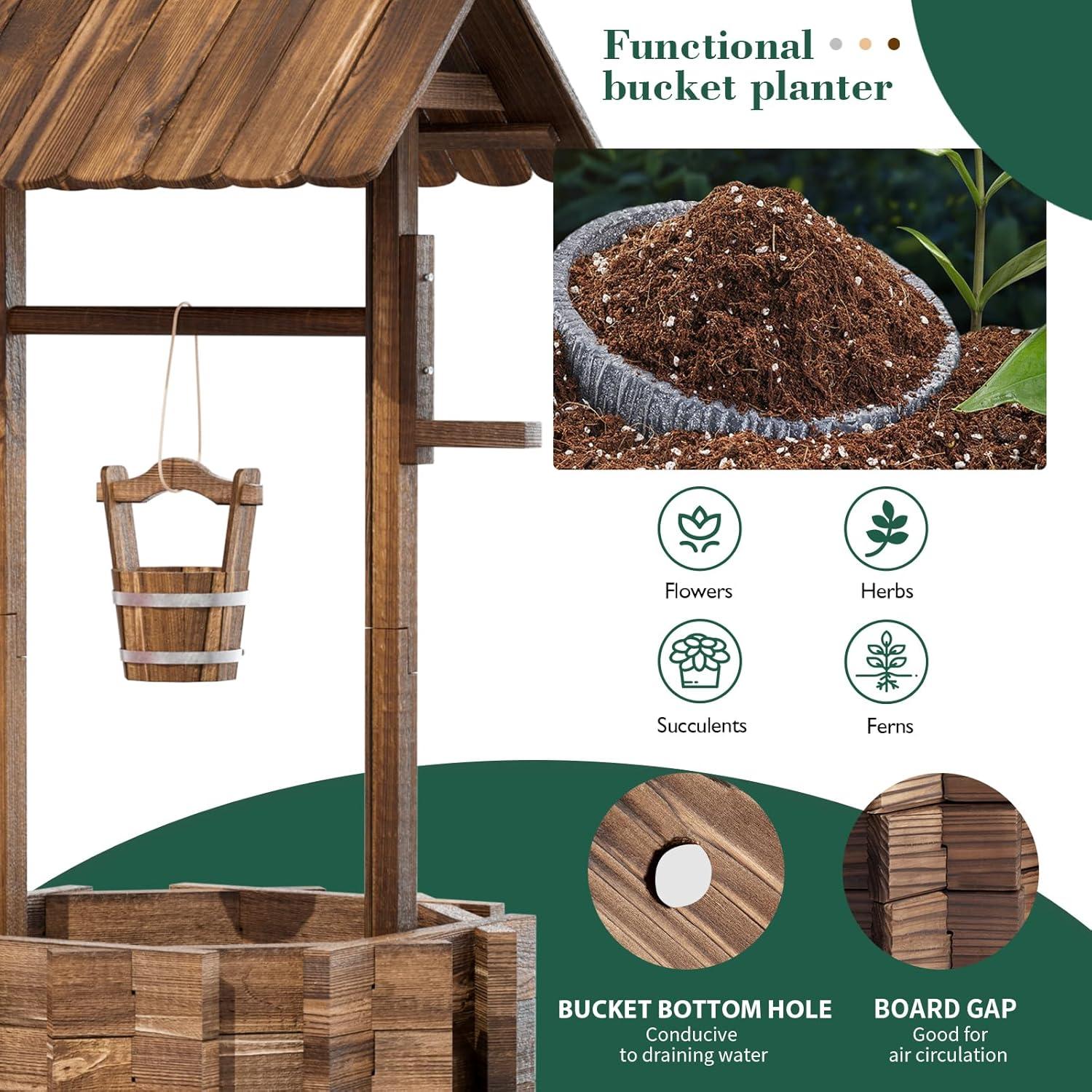 Rustic Brown Fir Wood Hanging Wishing Well Planter