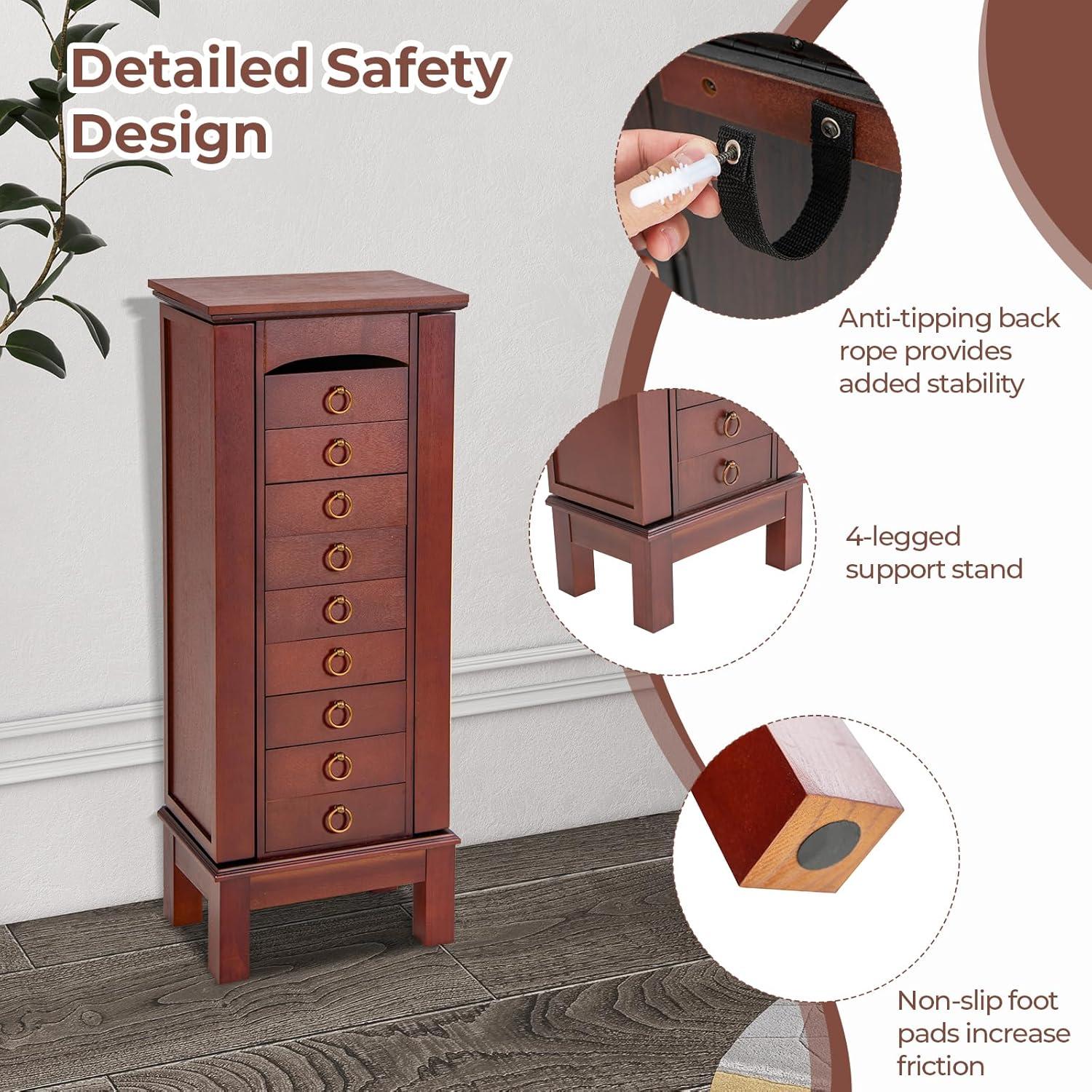 NAFORT Jewelry Armoire with Top Flip Vanity Mirror, Jewelry Cabinet with 9 Drawers and 2 Side Doors for Necklace, Large Storage Capacity Jewelry Organizer and Storage, Walnut