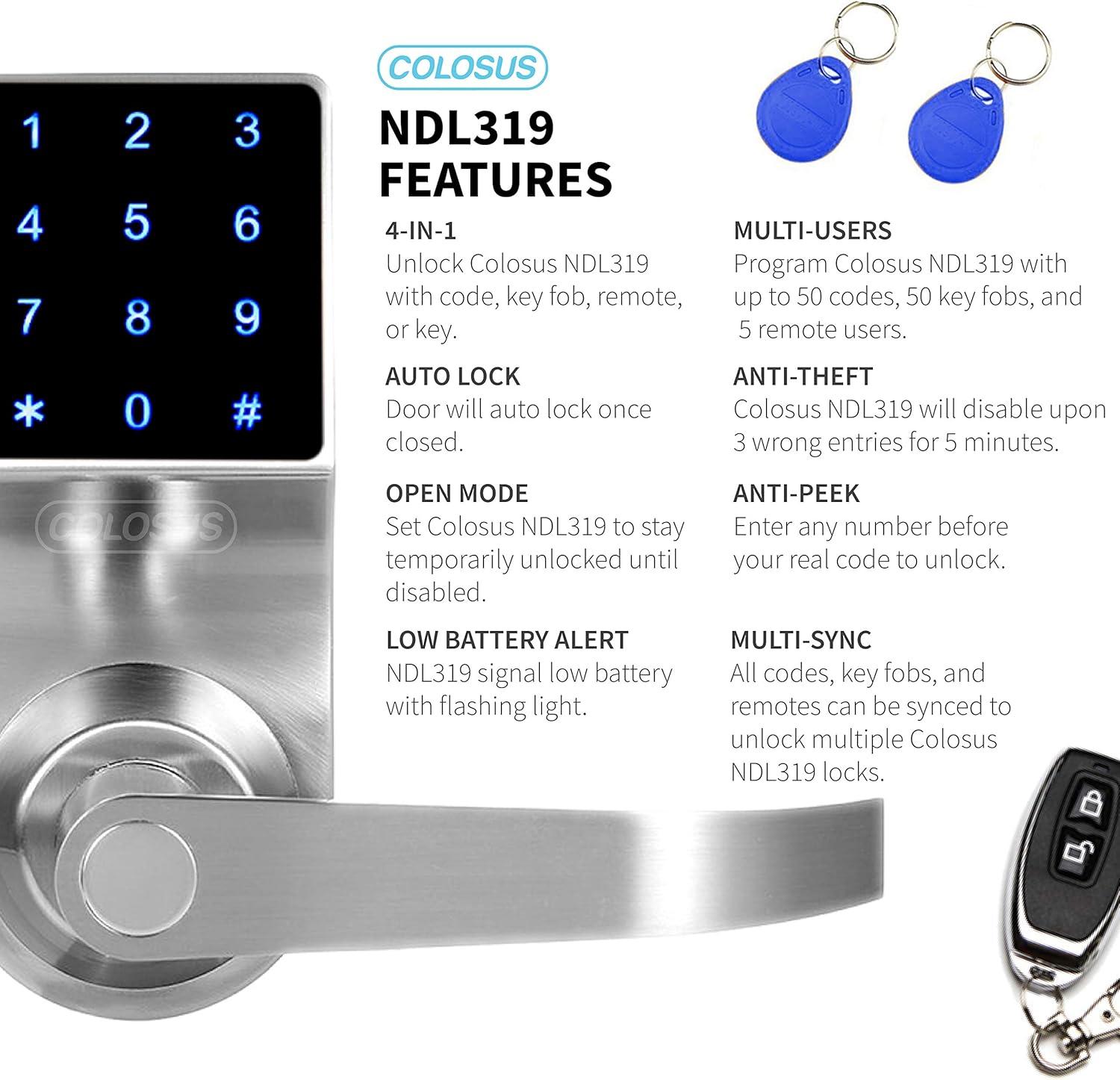 Smart door Lock Keyless Electronic Door Lock, Touchscreen with Key Fobs and Remote (Silver)