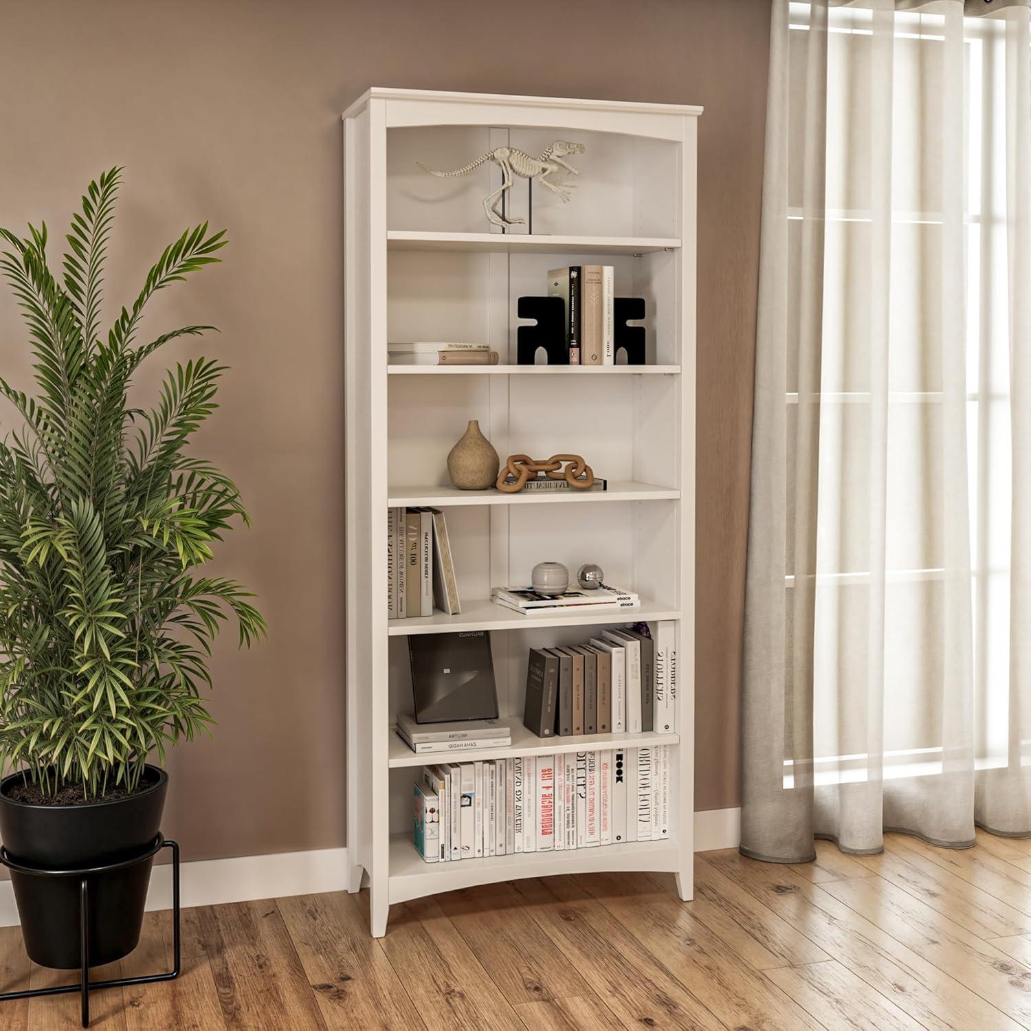 Camaflexi 72” Shaker Style 6-Shelf Wooden Bookcase Closed Back Storage Shelf, White