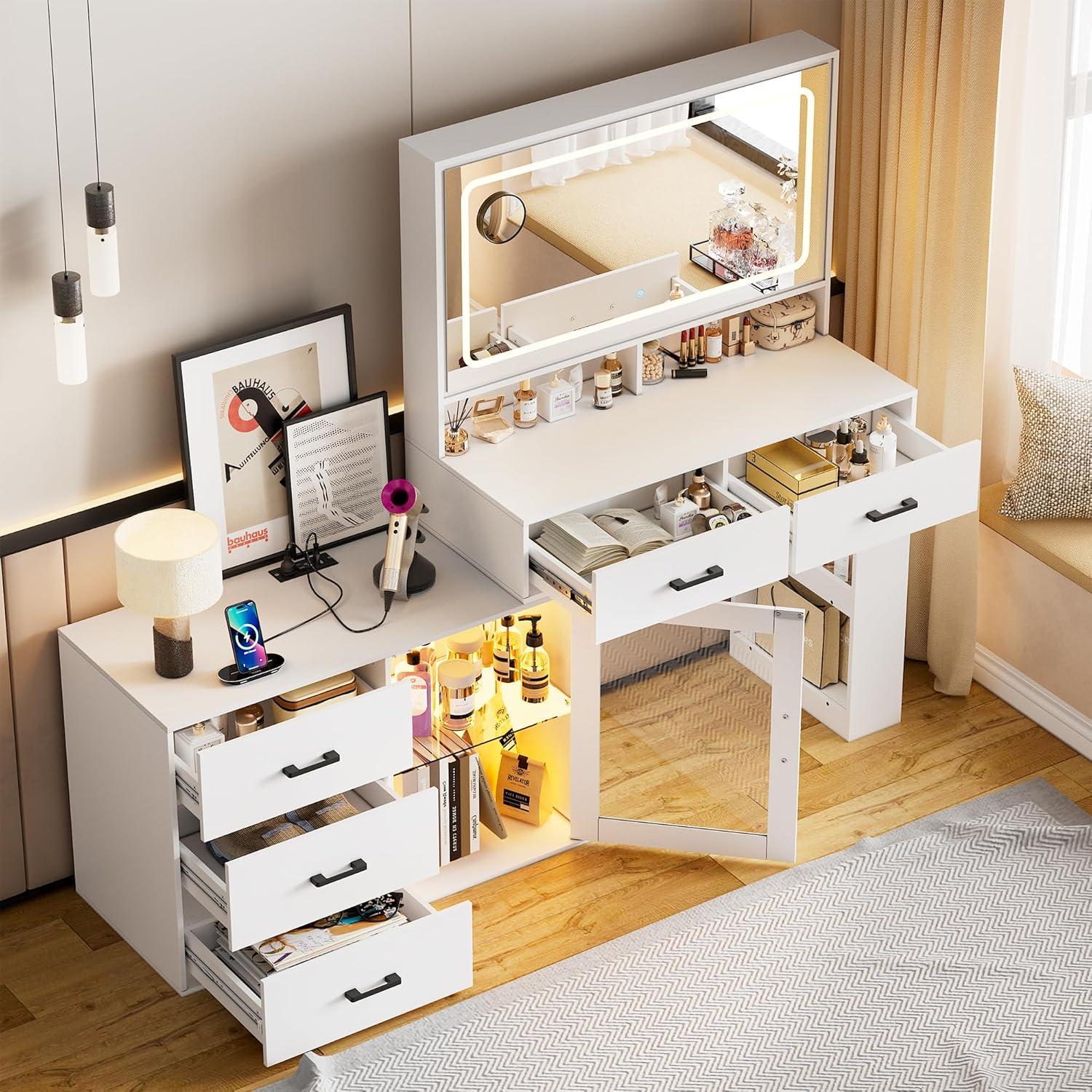PAKASEPT Vanity Desk with Mirror and Lights, Corner Makeup Table with 3 Color Lighting, White Vanity with Power Strip & Hooks, Hidden and Open Shelves, Adjustable Brightness, 47.2 Inch