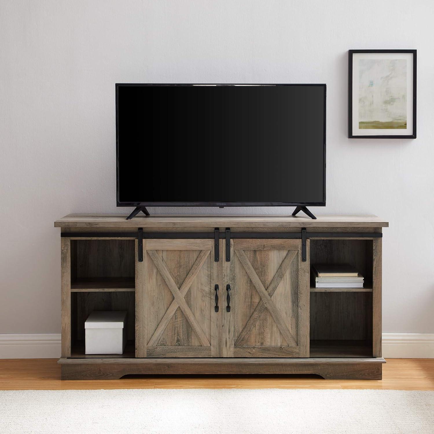 58" Modern Farmhouse Wood TV Stand with Sliding Barn Doors - Solid White Oak