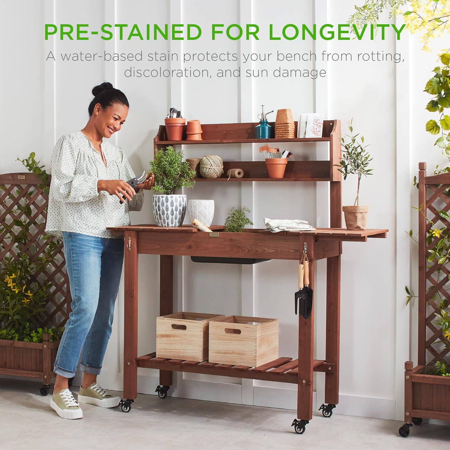 Best Choice Products Wood Garden Potting Bench Workstation Table w/ Sliding Tabletop, 4 Locking Wheels, Dry Sink - Brown