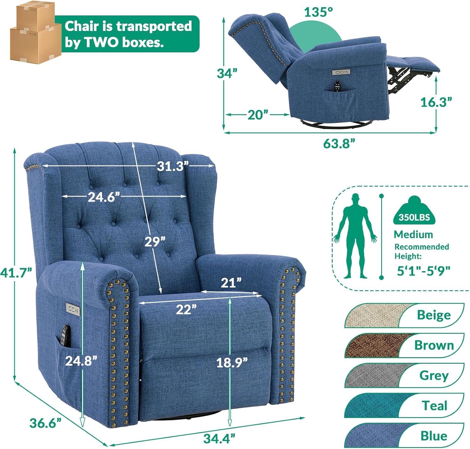 MEETWARM Meetwarm Power Swivel Rocking Glider Recliner Chair With Heat And Vibration, Electric Rocker Nursery Reclining Chair, Wingback Tufted Upholstered Recliner For Living Room, Type-C & Usb Ports