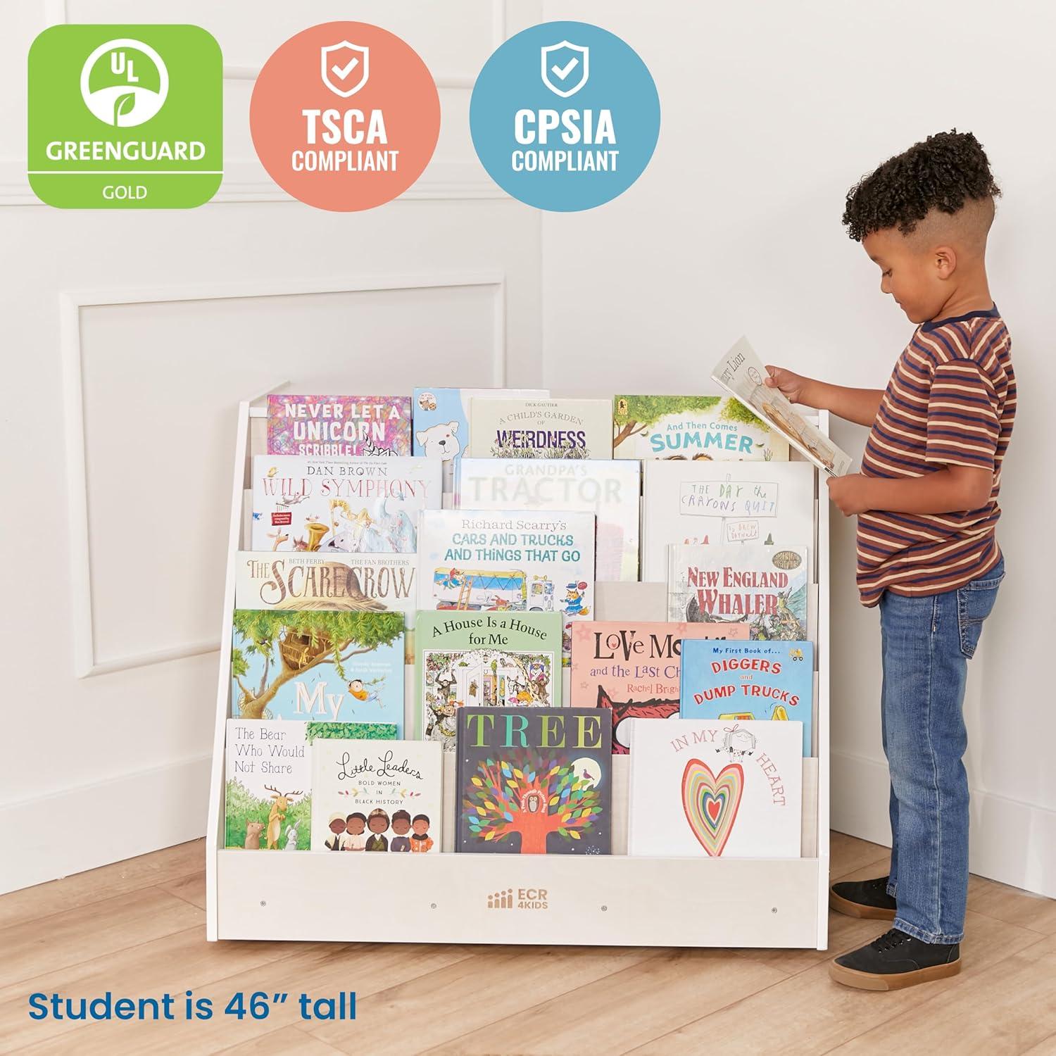 ECR4Kids Double-Sided Mobile Book Display with Storage, White Wash