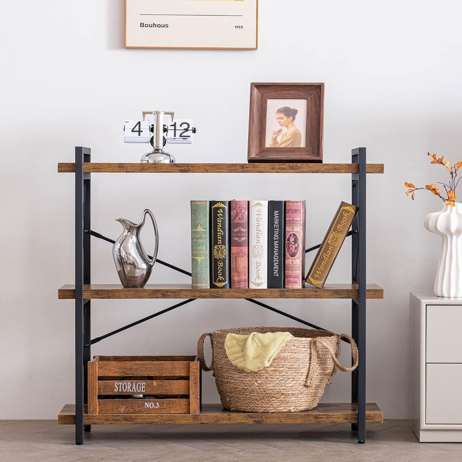 Rustic Brown 3-Tier Wood and Metal Industrial Bookshelf