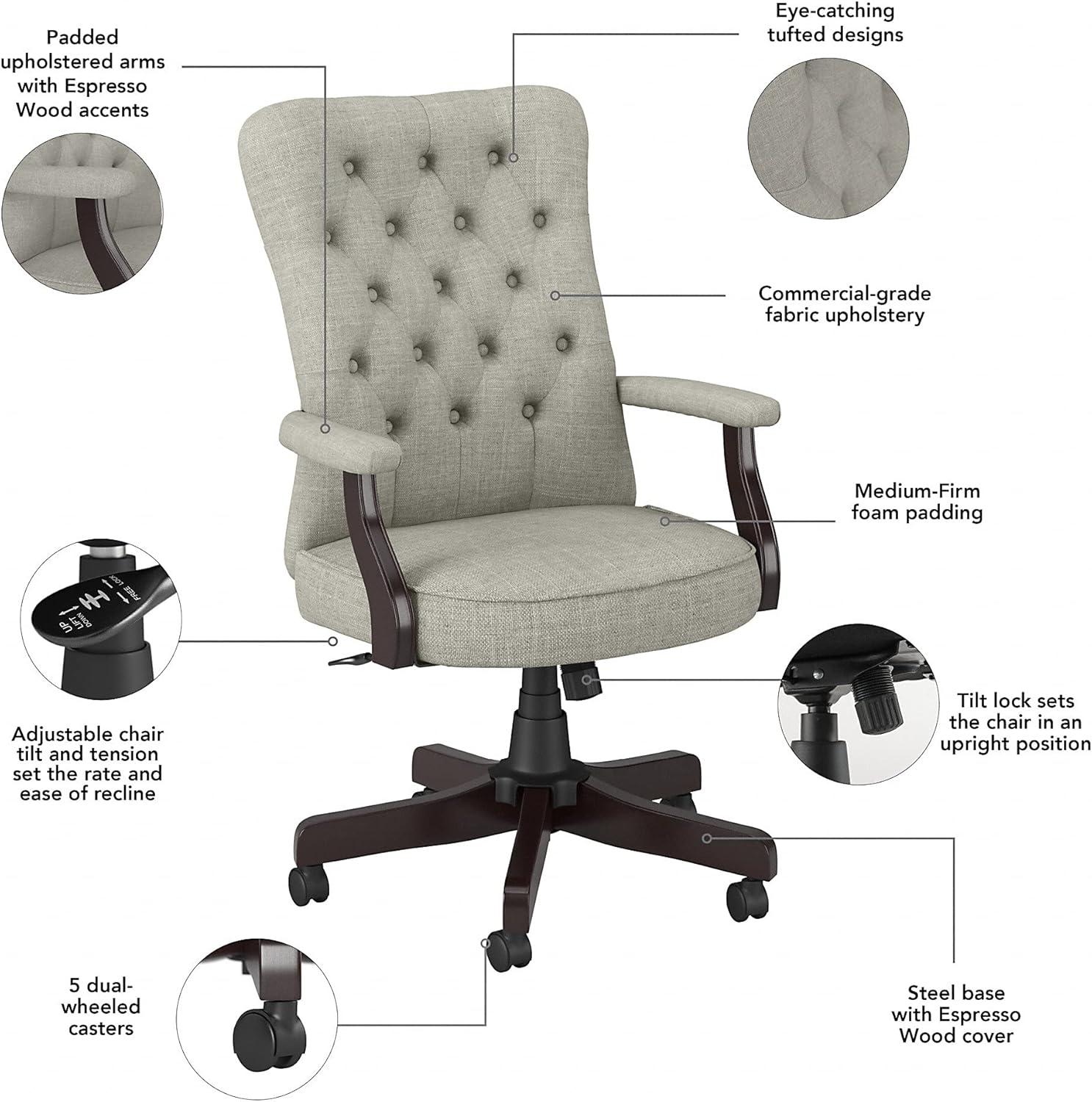 Bush Furniture Saratoga High Back Tufted Office Chair with Arms in Light Gray Fabric