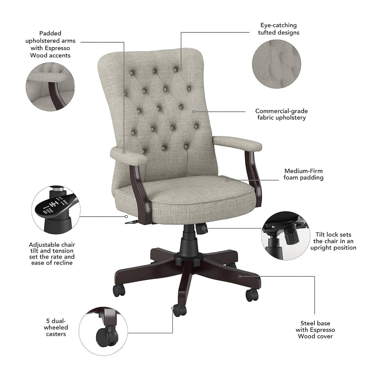 Bush Furniture Saratoga High Back Tufted Office Chair with Arms in Light Gray Fabric