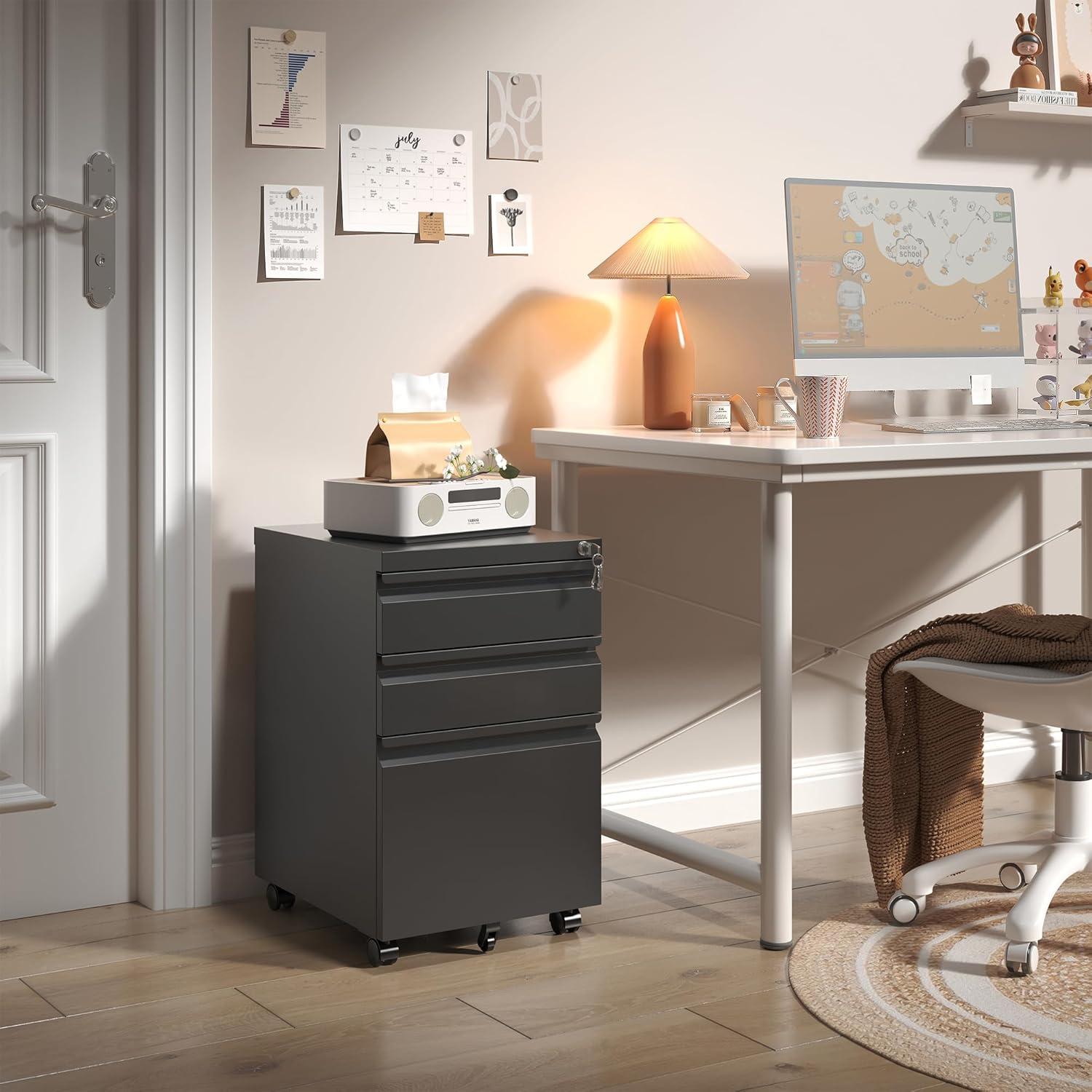 MIIIKO File Cabinet 3 Drawers on Wheels Under Desk, Black Metal Rolling File Cabinets with Lock for Home Office, Un-Assembled Filing Cabinet with Lock