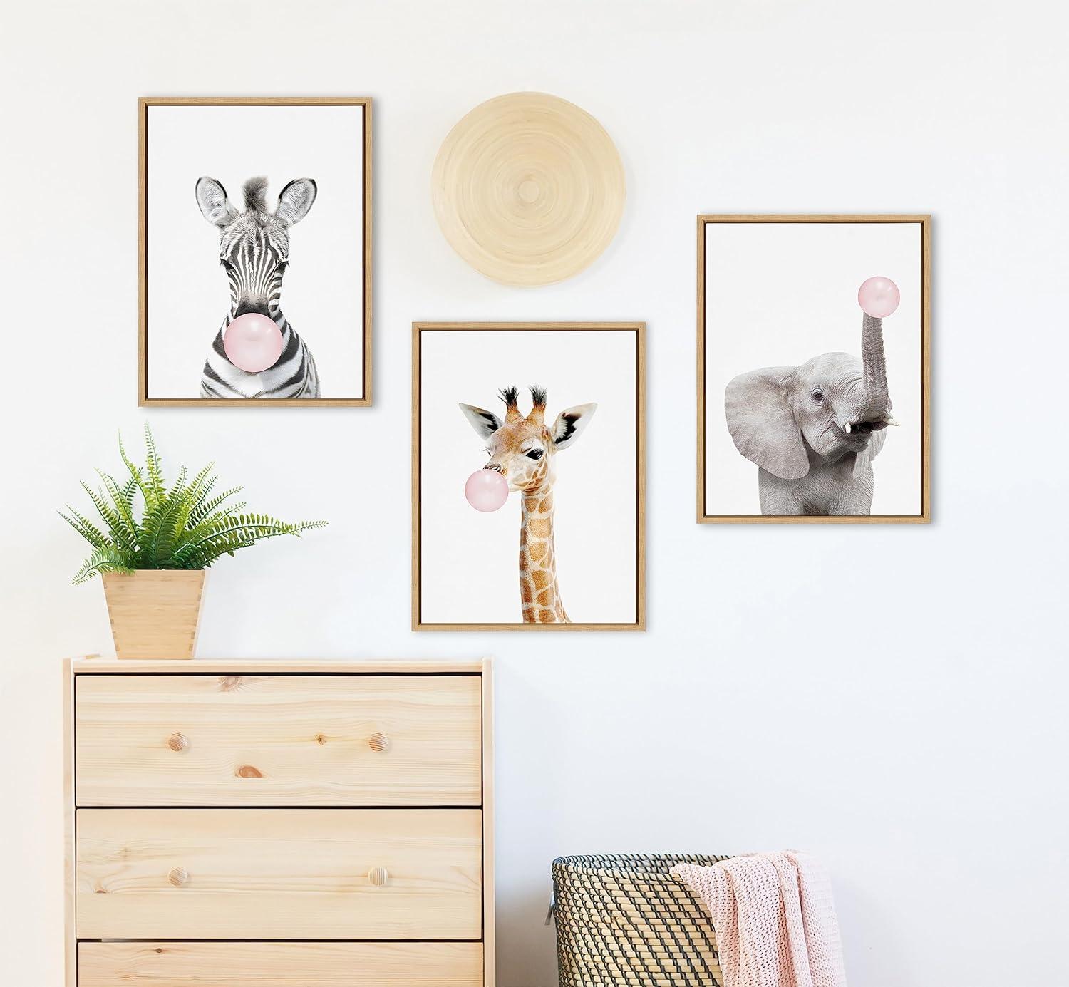Kate and Laurel Sylvie Bubble Gum Giraffe Framed Canvas Wall Art by Amy Peterson Art Studio, 18x24 Natural, Cute Whimsical Animal Art for Wall
