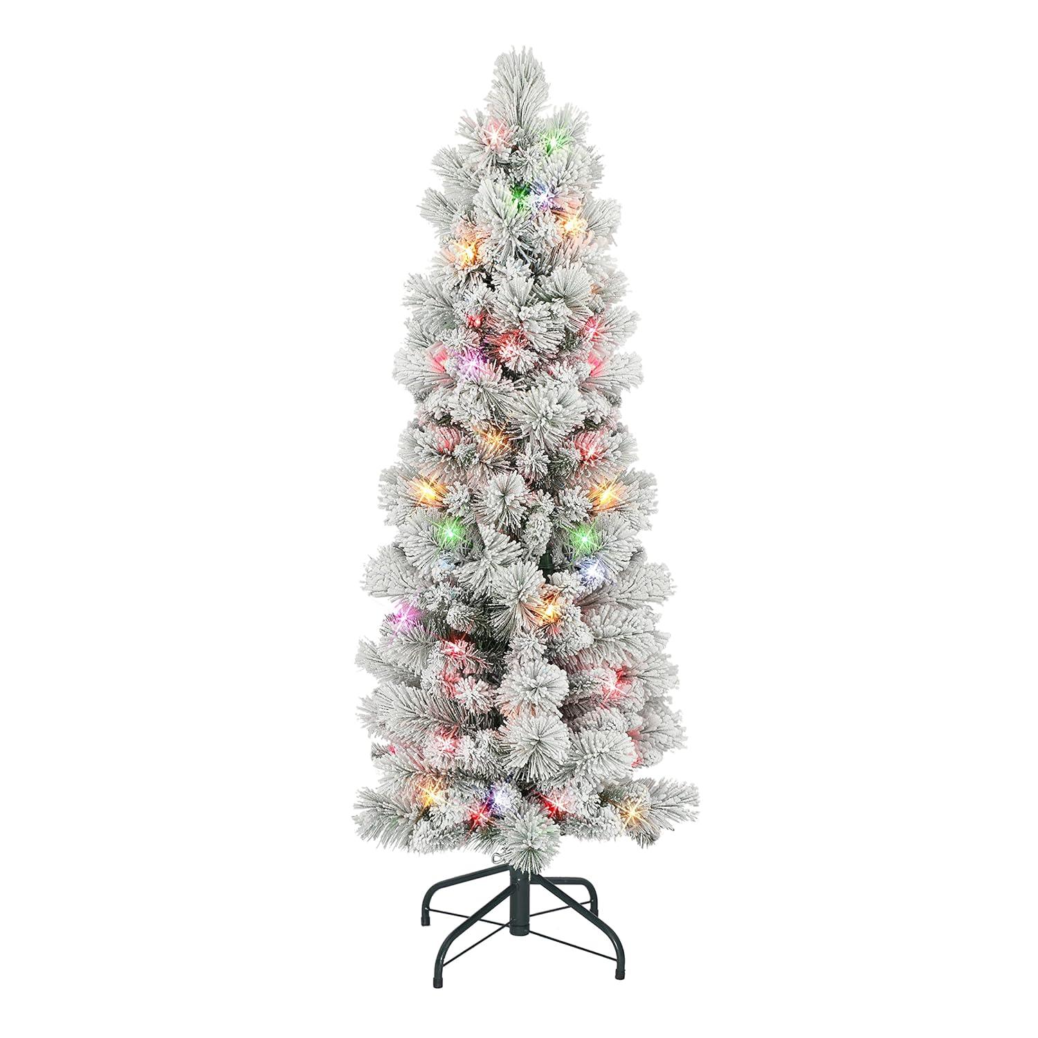4.5 ft Flocked Portland Pine Pencil Tree with 195 tips 100 Multi-color Incandescent Lights