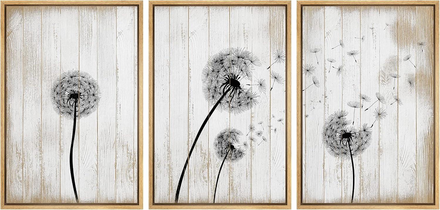 Flying Dandelion On Wood Effect Background Retro Framed On Canvas 3 Pieces Print Wall Art