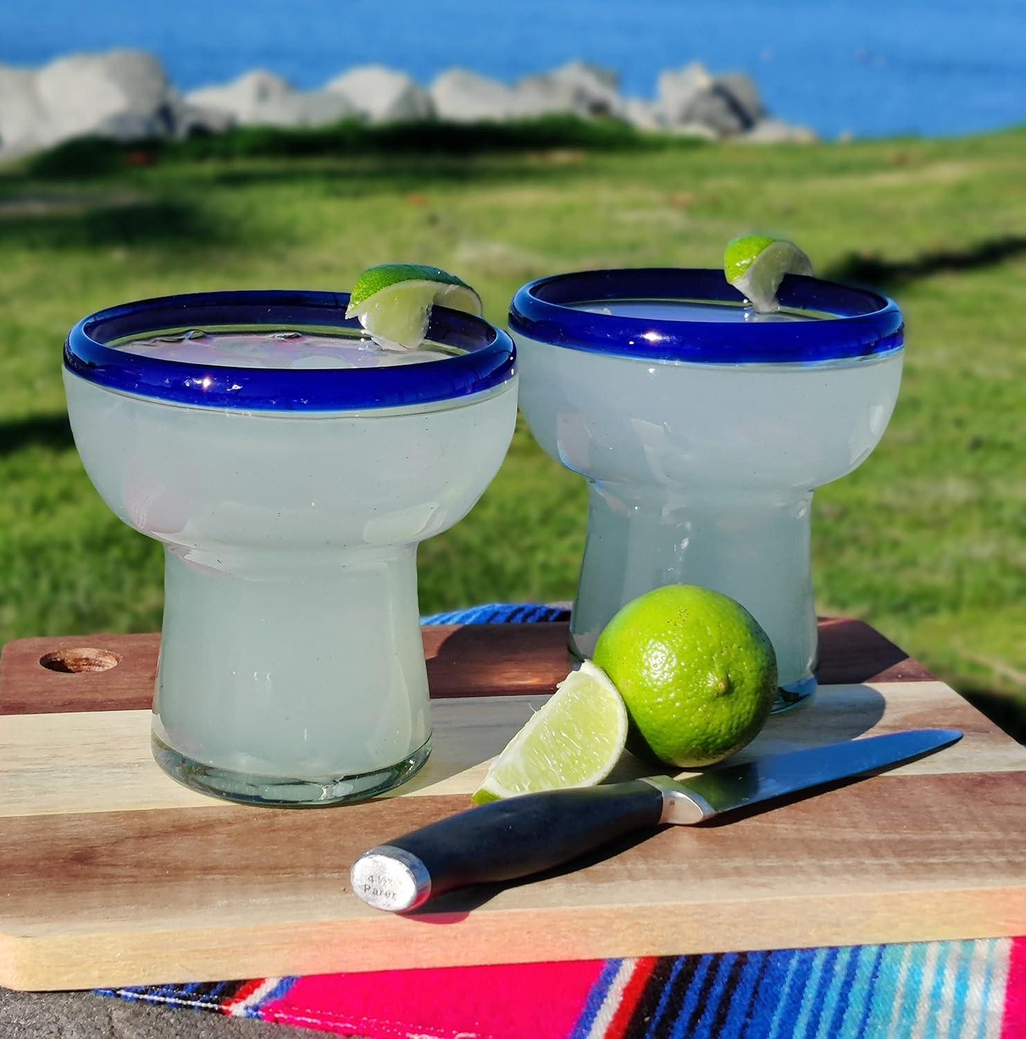 Longshore Tides Mexican Hand Blown Glass - Hand Blown Stemless Blue Rim Margarita Glasses (14oz) (Set of 4)
