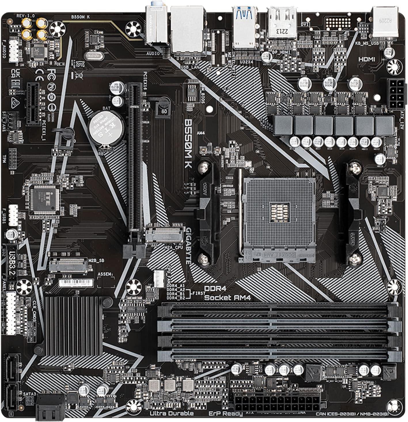 GIGABYTE B550M K AM4 AMD B550 Micro-ATX Motherboard with Dual M.2, SATA 6Gb/s, USB 3.2 Gen 1, Realtek GbE LAN, PCIe 4.0