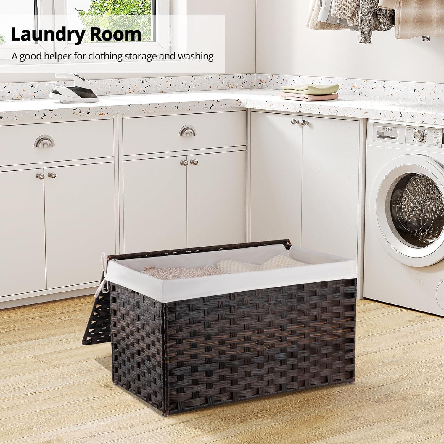 SONGMICS Storage Basket with Lid, 27.7 Gallon (105L) Storage Bin, Woven Blanket Storage Basket with Handles, Foldable, Removable Liner Brown