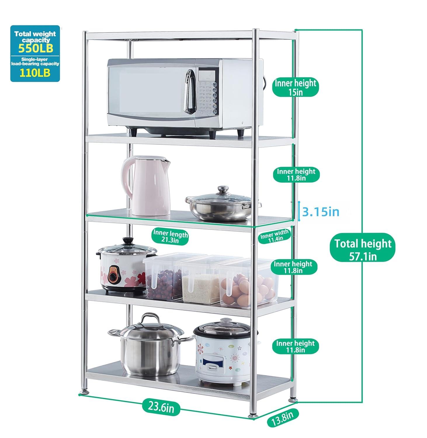 susunnus Stainless Steel Shelves 23.6in-5 Tier, Stainless Steel Shelf Organizer, Kitchen Storage Shelves,Artistic Texture, Pragmatic & Sturdy & Waterproof