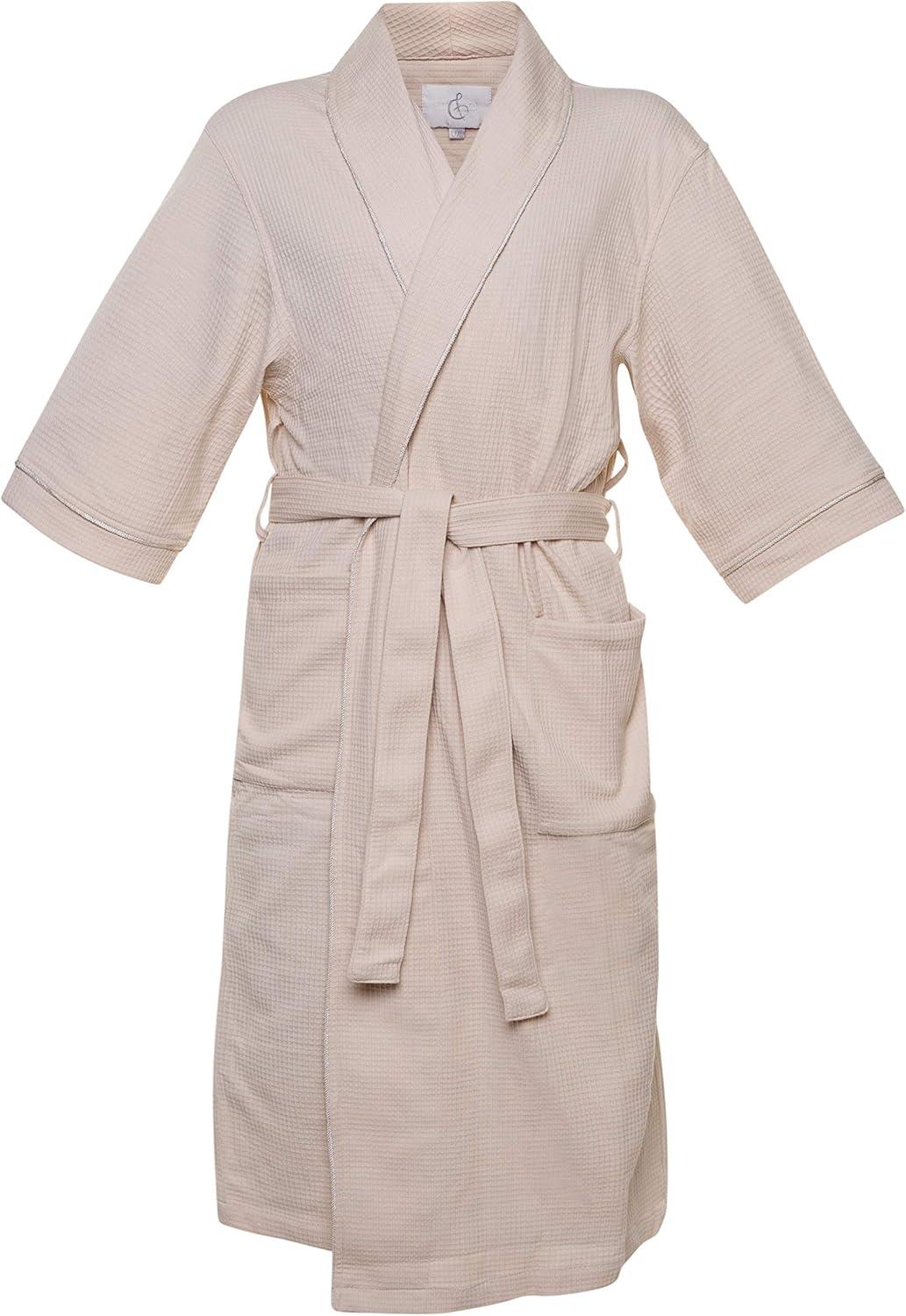 Sand Cotton Blend Waffle Knit Bathrobe, S/M