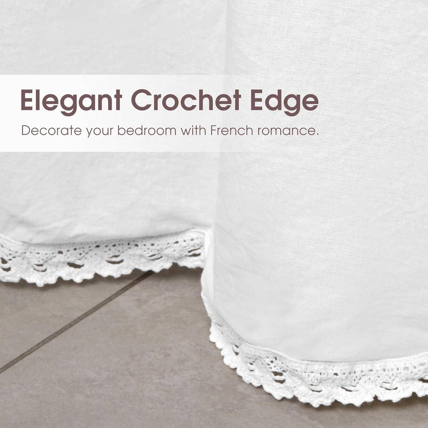100% Lightweight Cotton Bed Skirt, Full Size 18" Drop, Crochet Edge, White Dust Ruffle, 3 Sides with Split Corners, French Romantic Style