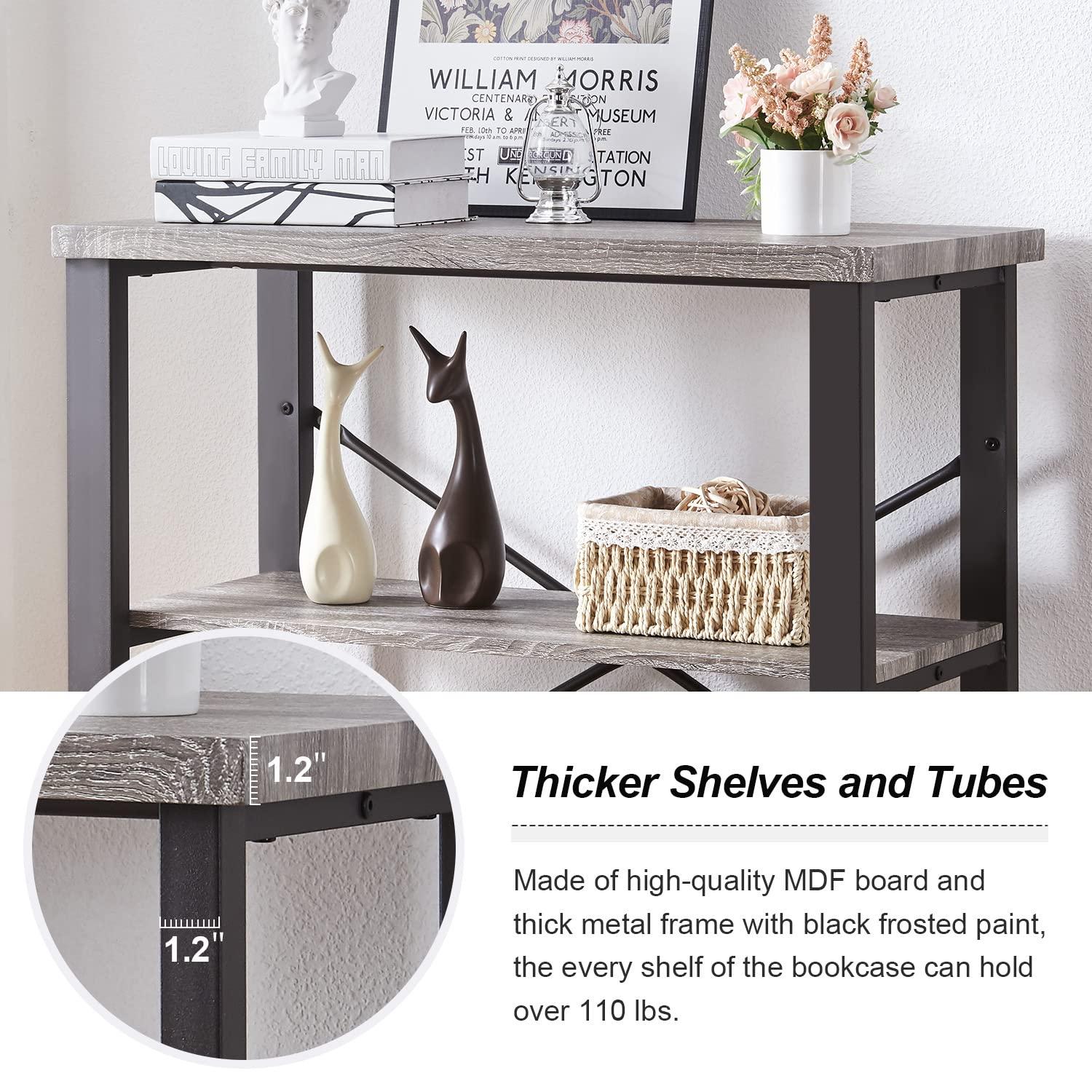 HOMBAZAAR 3 Tier Bookshelf,Grey Industrial Book Shelf,Engineered Wood and Metal Deep Bookshelves,Low Shelf Bookcase for Living Room,Office,Bedroom and Kitchen