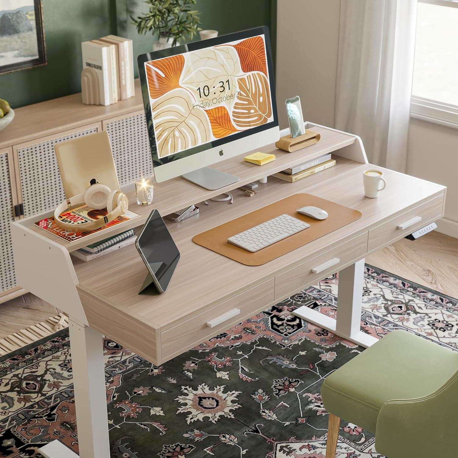 Agilestic Adjustable Height Electric Standing Desk with Storage Wooden Drawer, 55 x 24 Inches Stand Up Home Office Computer Gaming Table for Work Office Home, Rustic Brown