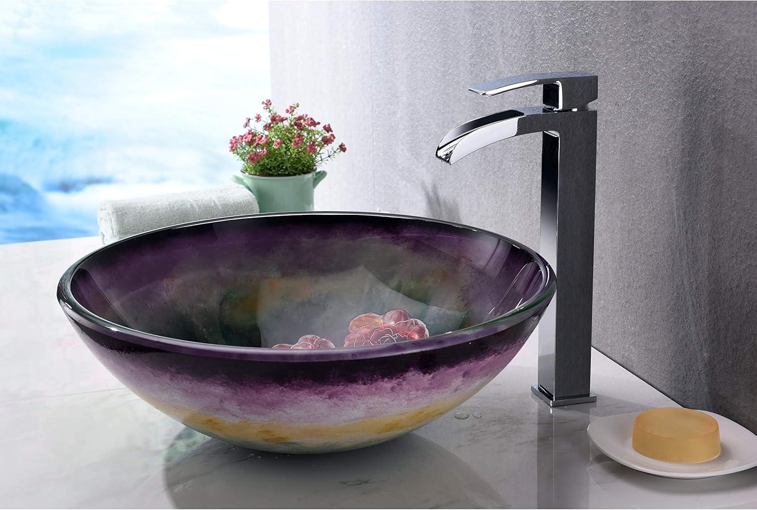ANZZI Impasto 15.5'' Green Tempered Glass Circular Bathroom Sink with Faucet