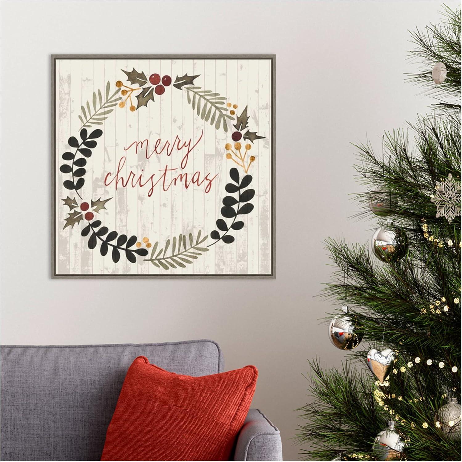 Rustic Christmas Wreath Canvas Art with Greywash Frame